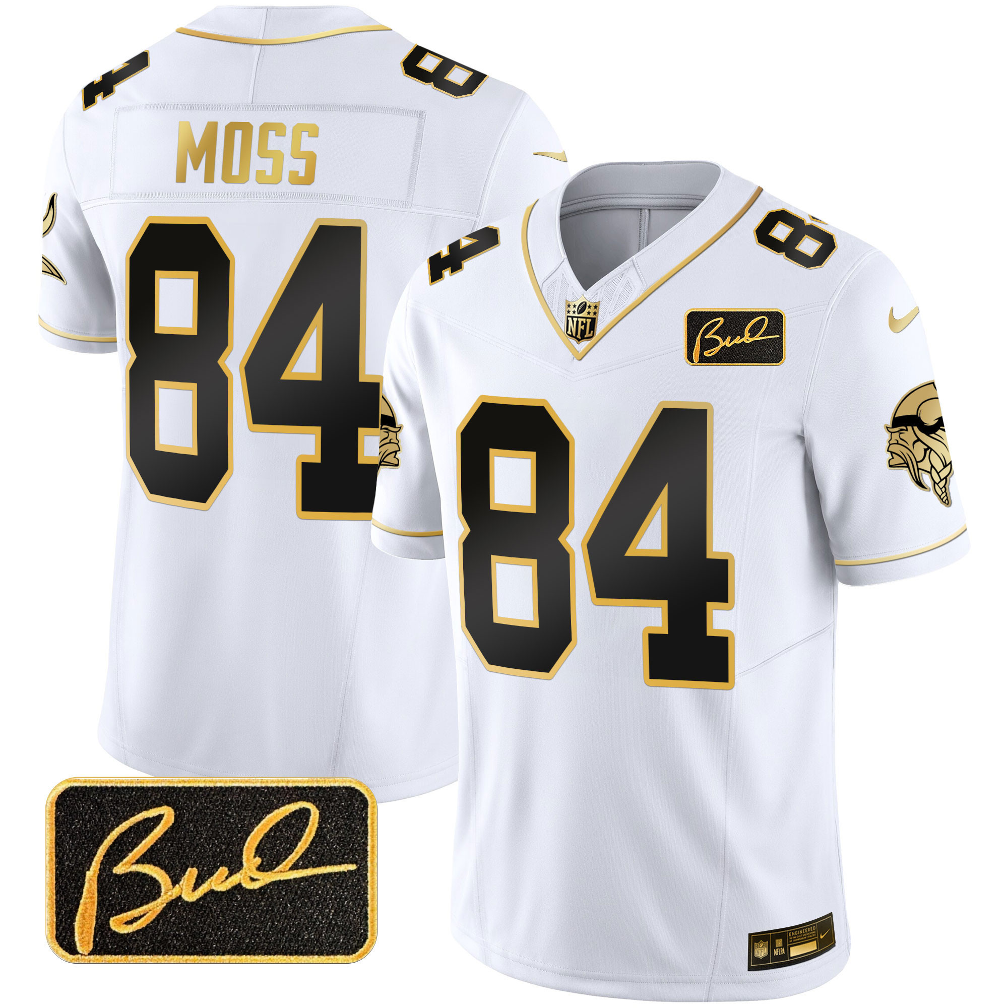 Randy Moss Men's Minnesota Vikings Bud Grant Patch Gold Limited White Gold Jersey - All Stitched
