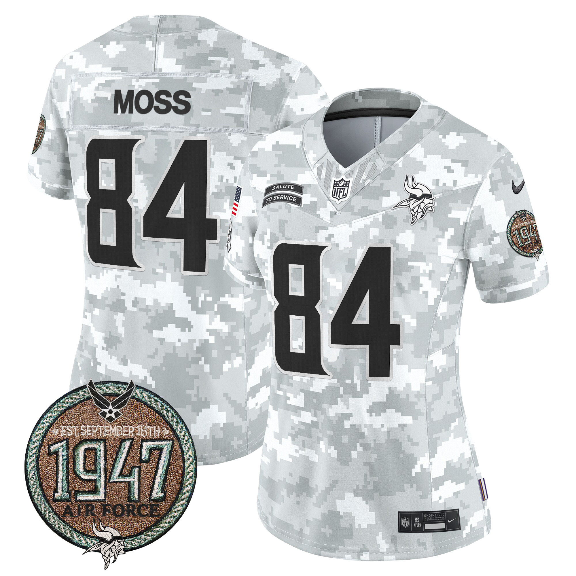 Randy Moss Women's Minnesota Vikings 2024 Salute to Service Establishment Year Patch Vapor Limited Air Force Jersey - All Stitched