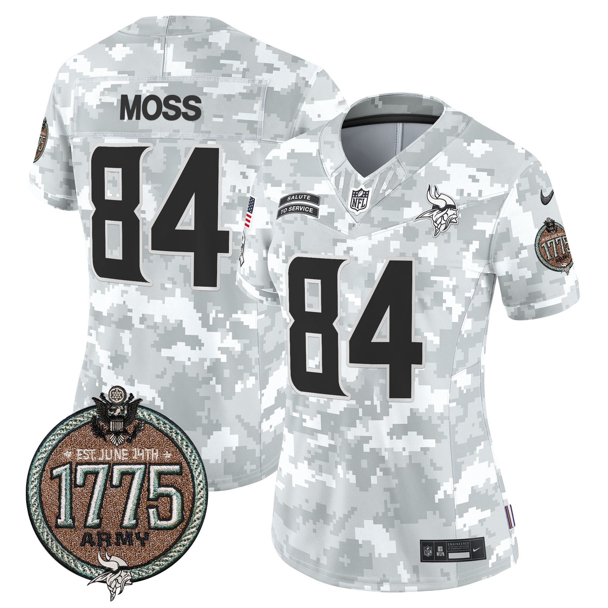 Randy Moss Women's Minnesota Vikings 2024 Salute to Service Establishment Year Patch Vapor Limited Army Jersey - All Stitched