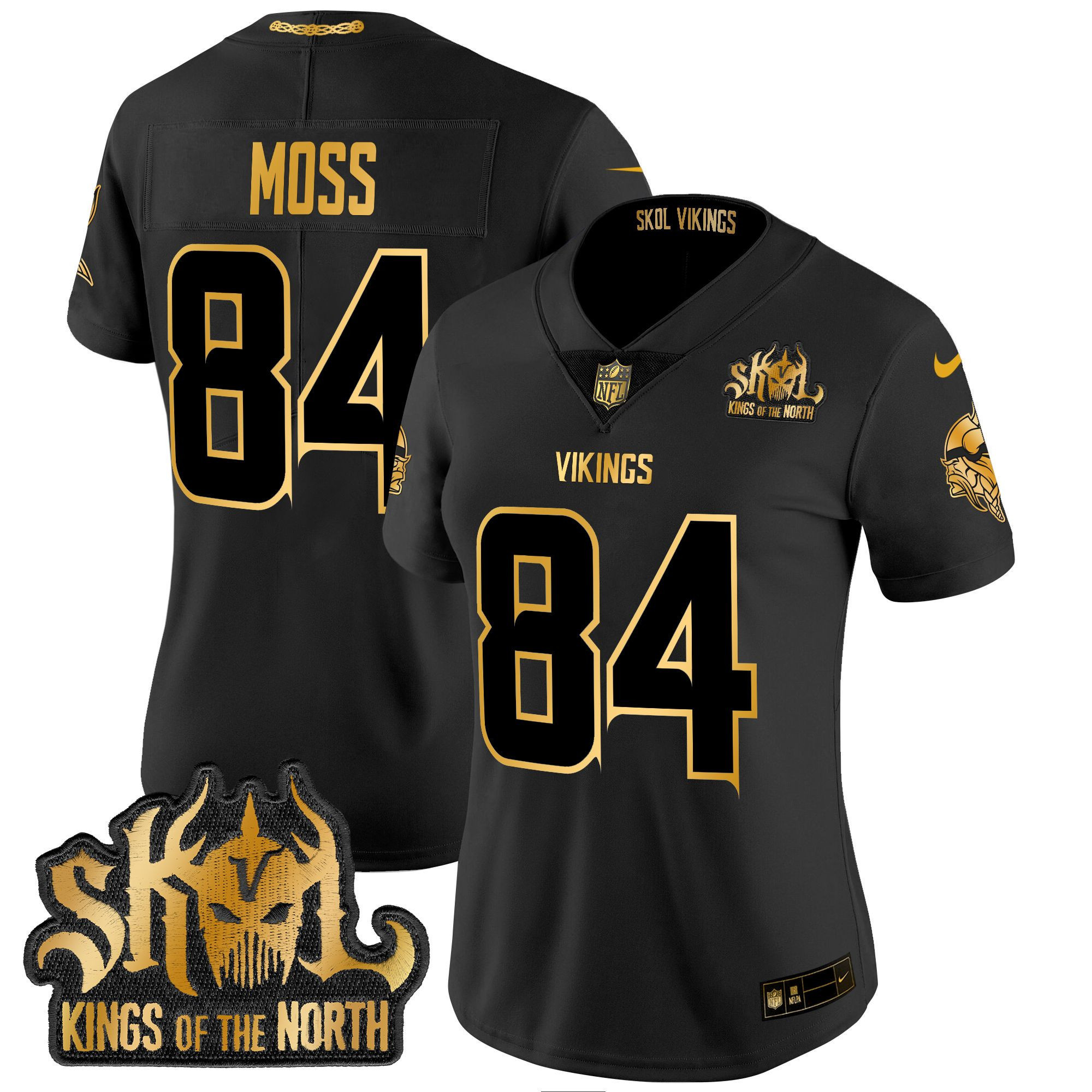 Randy Moss Women's Minnesota Vikings 2024 Winter Warrior Skol Patch Gold Vapor Limited Black Gold Jersey - All Stitched