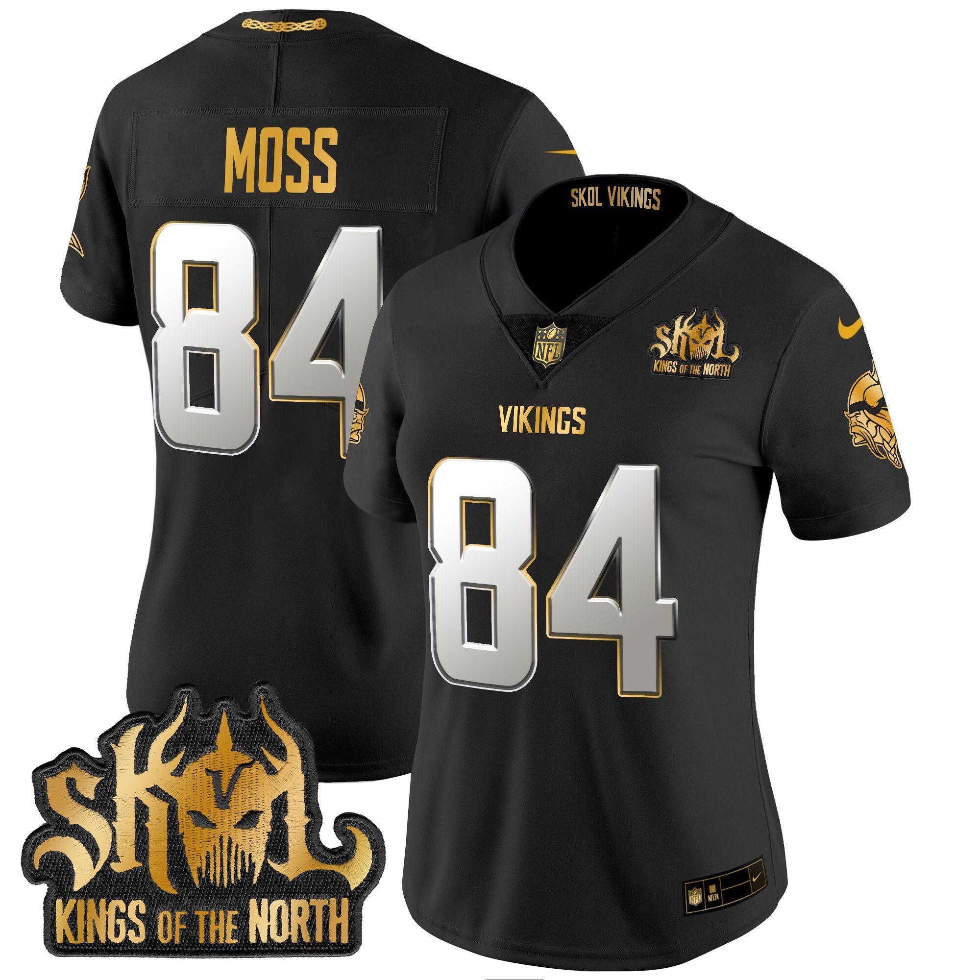 Randy Moss Women's Minnesota Vikings 2024 Winter Warrior Skol Patch Gold Vapor Limited Black Limited Jersey - All Stitched