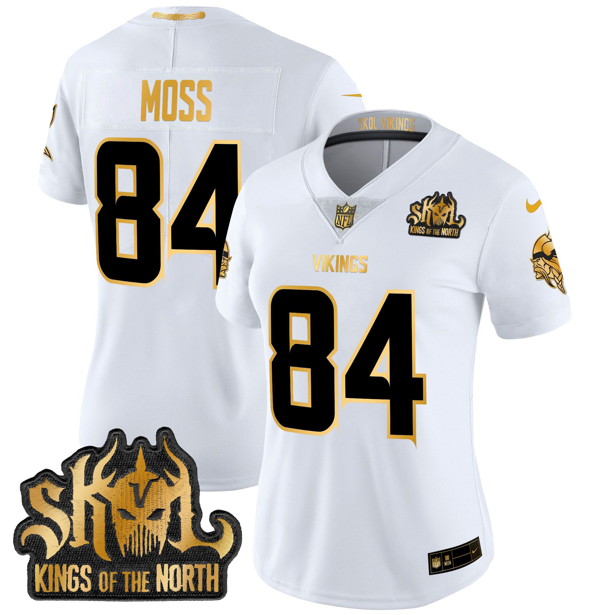 Randy Moss Women's Minnesota Vikings 2024 Winter Warrior Skol Patch Gold Vapor Limited White Gold Jersey - All Stitched