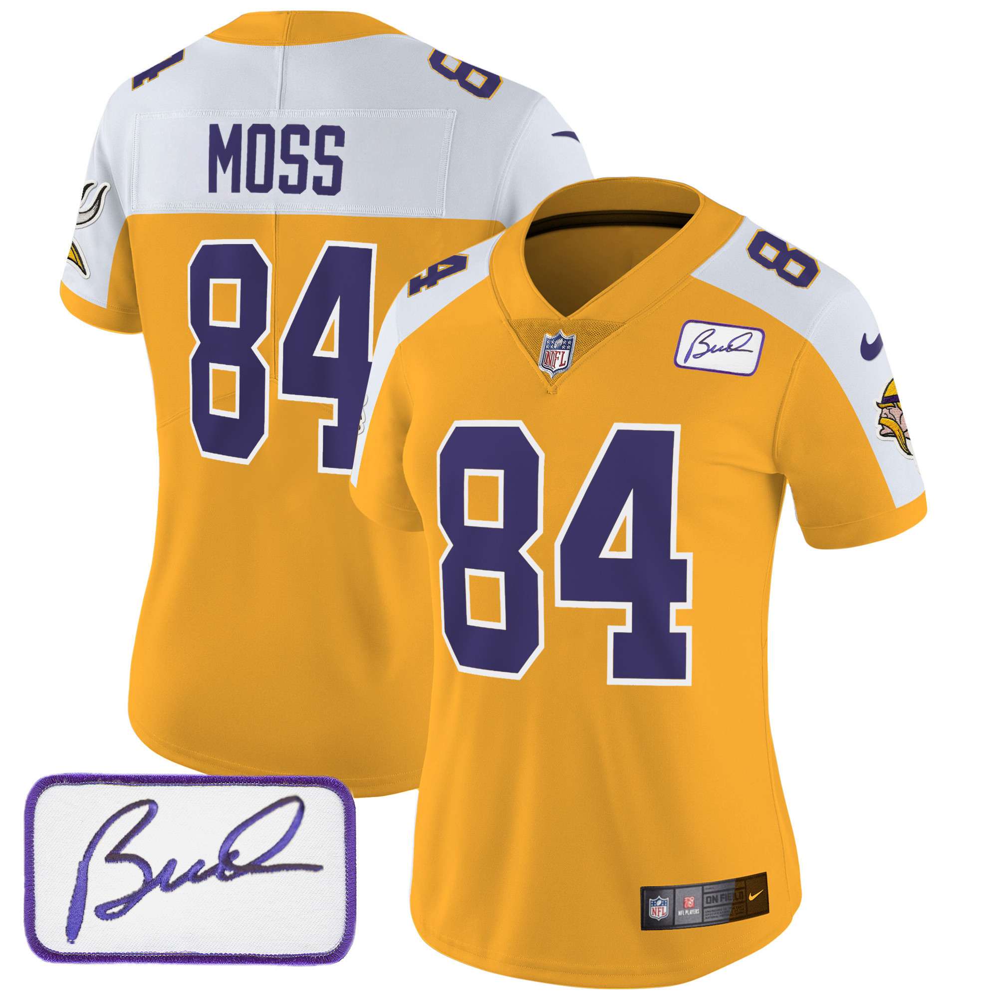 Randy Moss Women's Minnesota Vikings Bud Grant Patch Classic Limited Gold Alternate Jersey - All Stitched