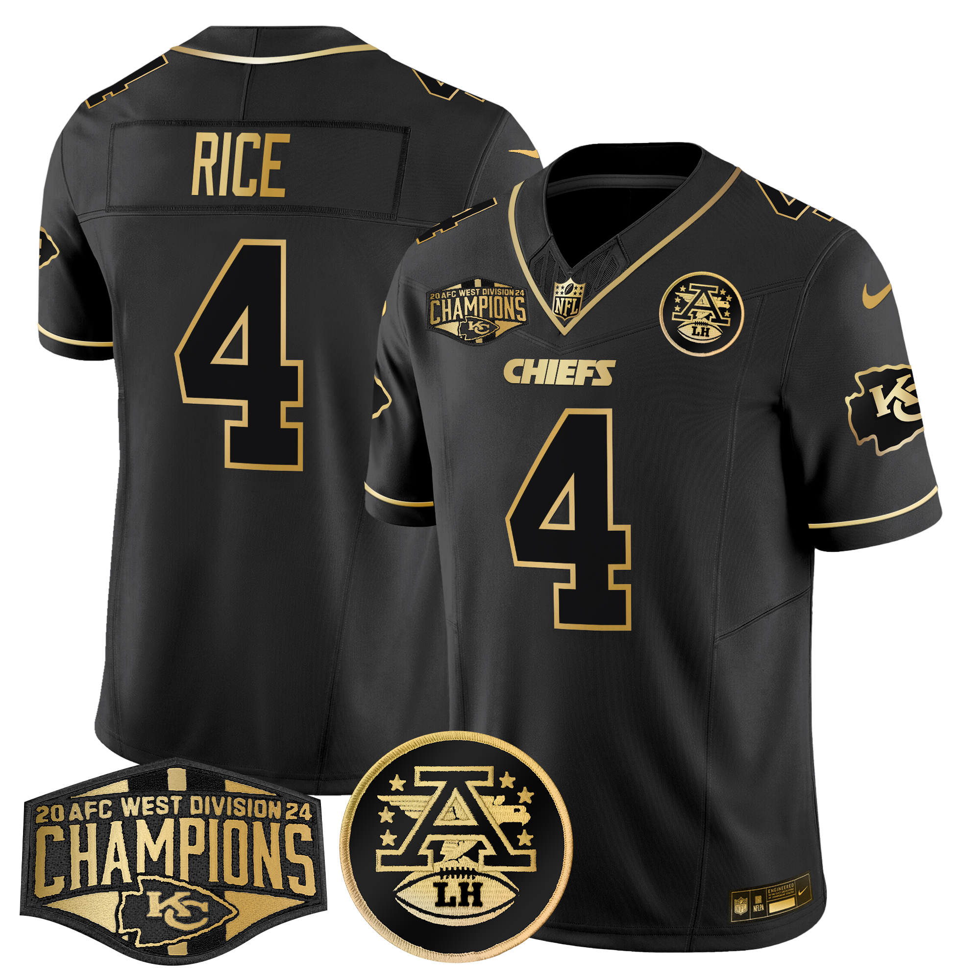 Rashee Rice Men's Kansas City Chiefs 2024 AFC West Division Champions Patch Gold Vapor Limited Black Gold Jersey - All Stitched