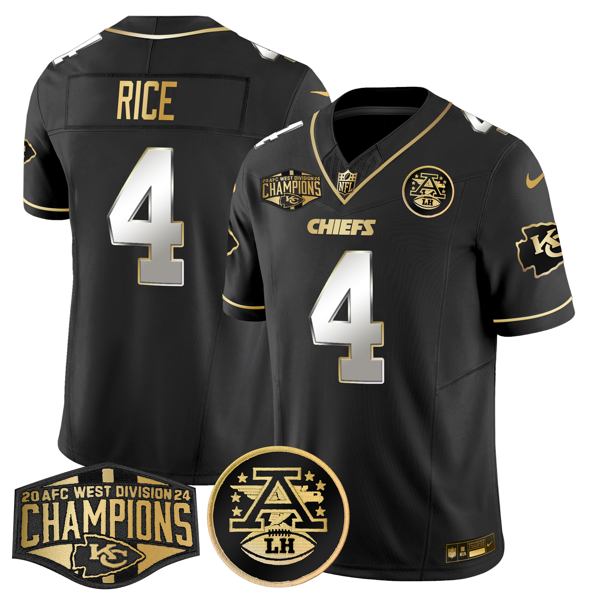 Rashee Rice Men's Kansas City Chiefs 2024 AFC West Division Champions Patch Gold Vapor Limited Black Limited Jersey - All Stitched