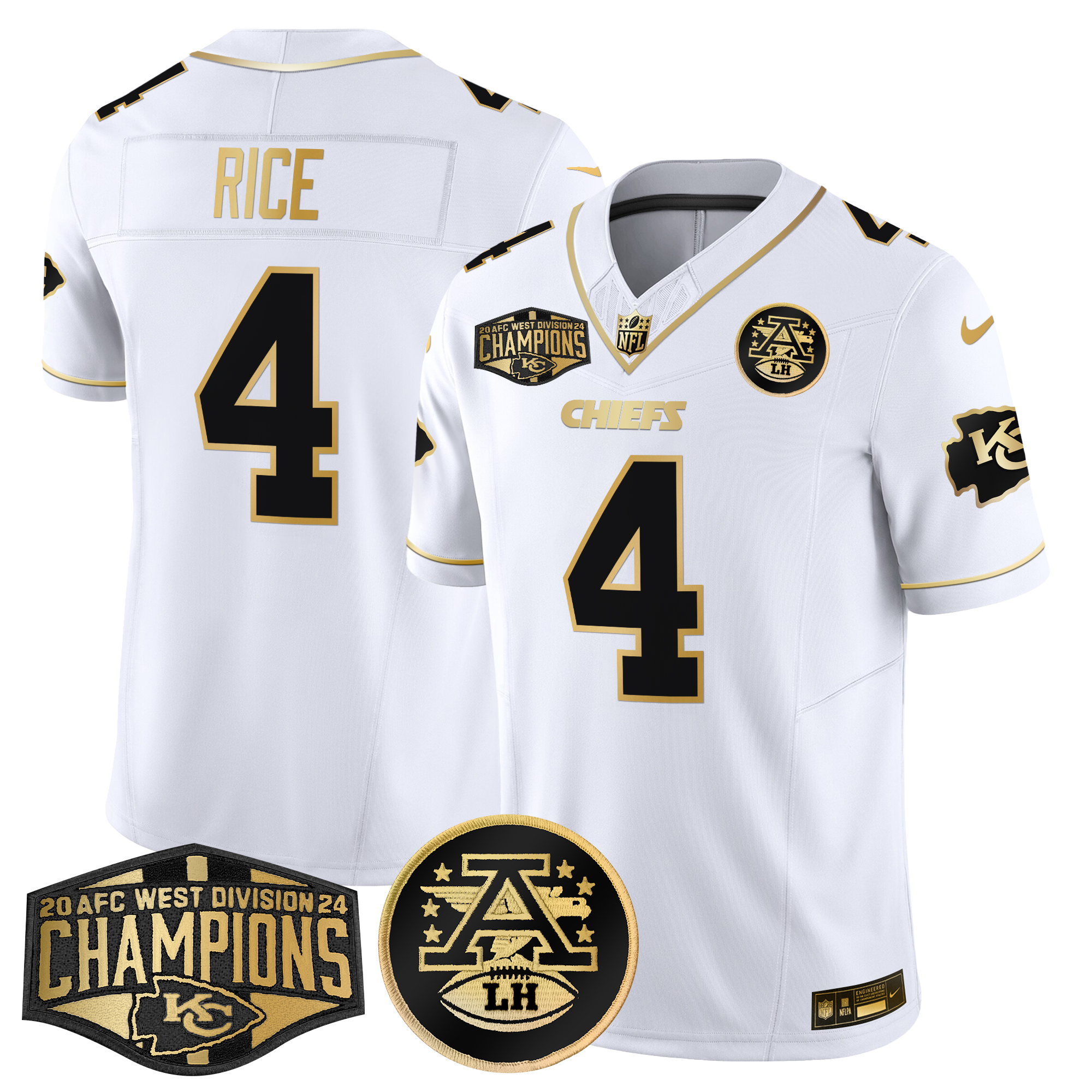 Rashee Rice Men's Kansas City Chiefs 2024 AFC West Division Champions Patch Gold Vapor Limited White Gold Jersey - All Stitched