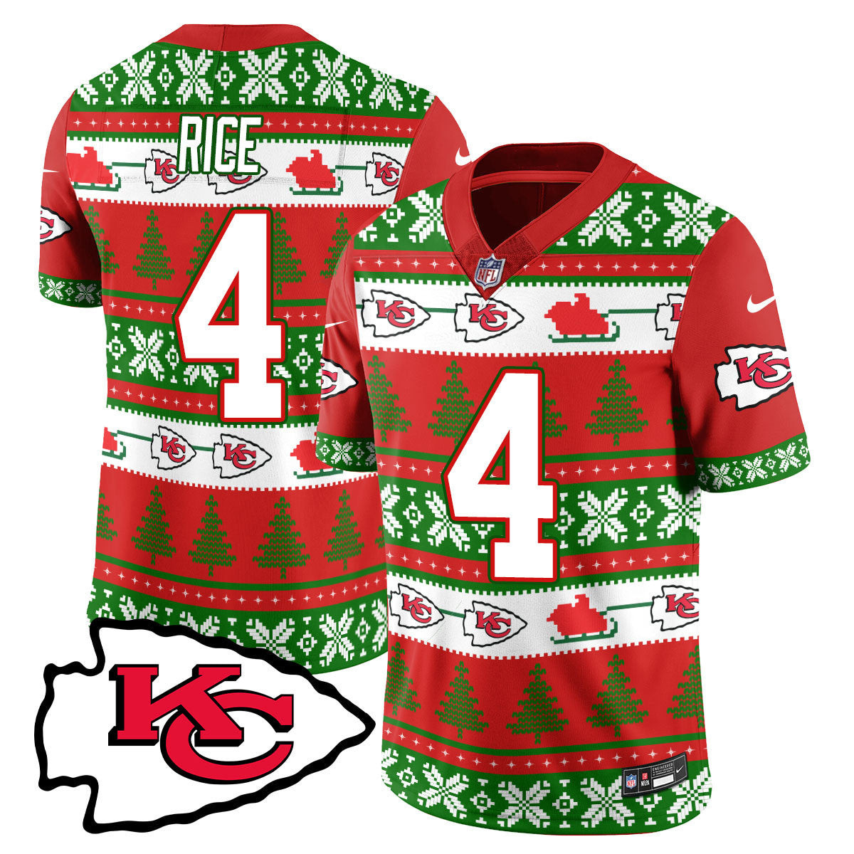Rashee Rice Men's Kansas City Chiefs 2024 Christmas Vapor Limited Jersey - Printed Red Green Jersey - All Stitched