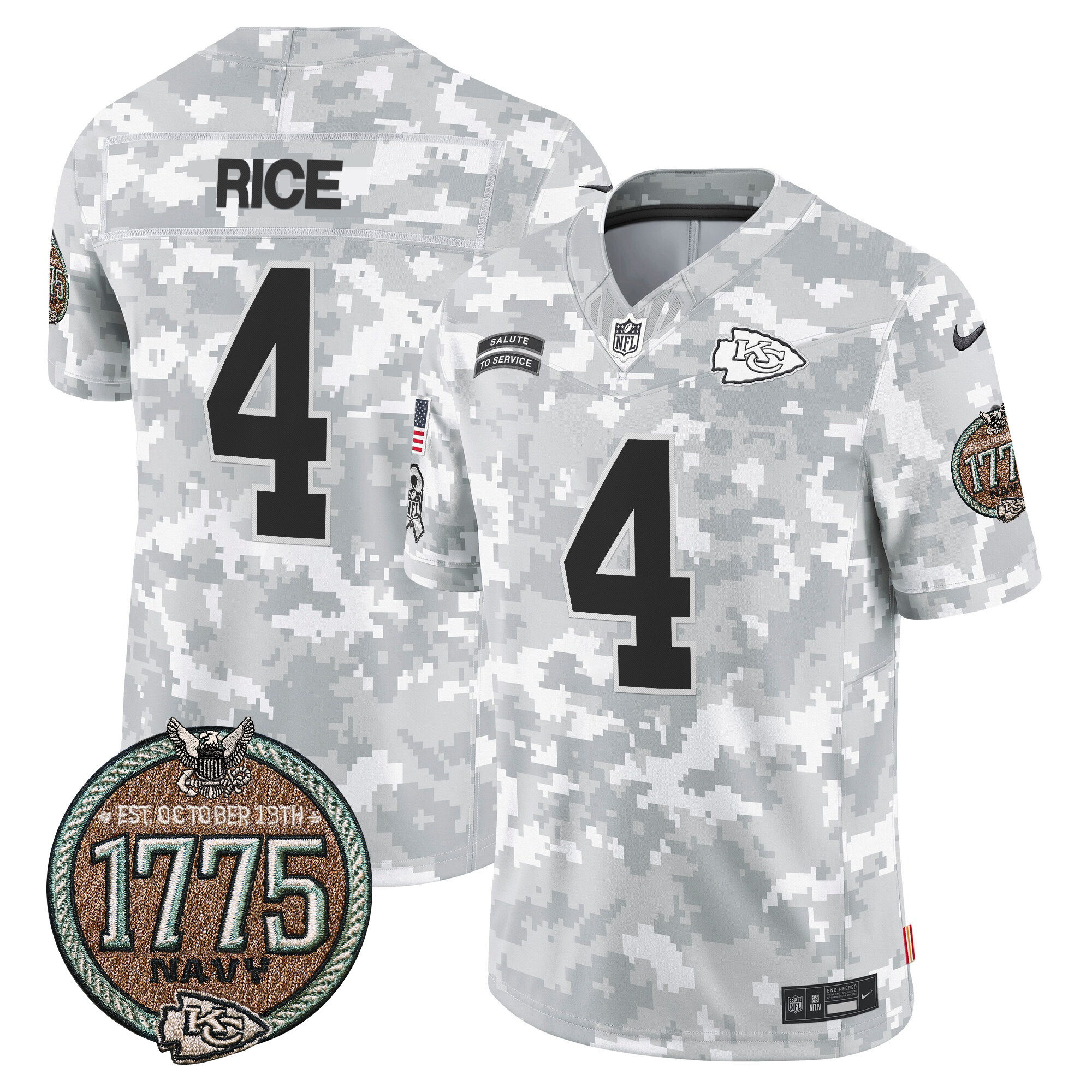 Rashee Rice Men's Kansas City Chiefs 2024 Salute to Service Establishment Year Patch Vapor Limited Navy Jersey - All Stitched