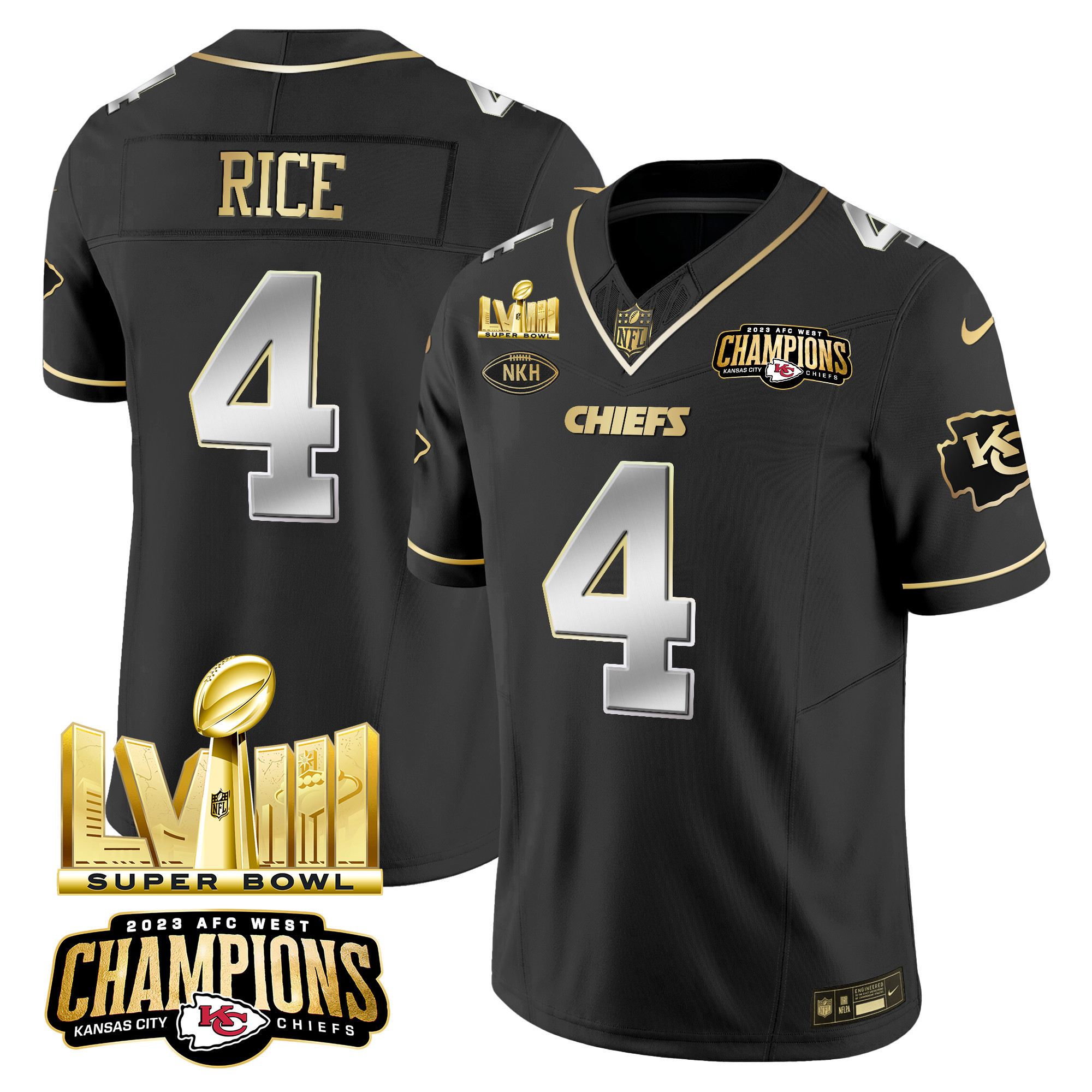 Rashee Rice Men's Kansas City Chiefs AFC West Champions & Super Bowl LVIII Gold Patch Vapor Black Limited Jersey - All Stitched