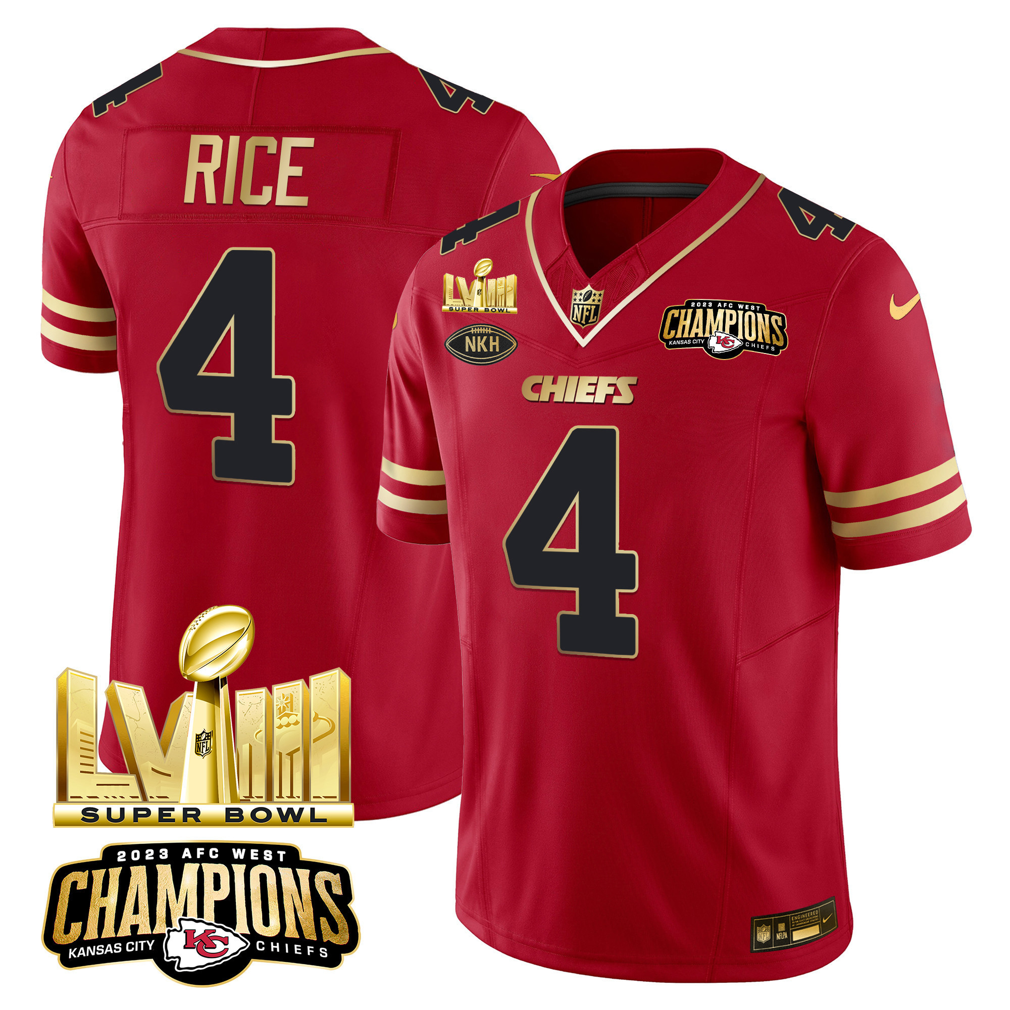Rashee Rice Men's Kansas City Chiefs AFC West Champions & Super Bowl LVIII Gold Patch Vapor Black Red Jersey - All Stitched