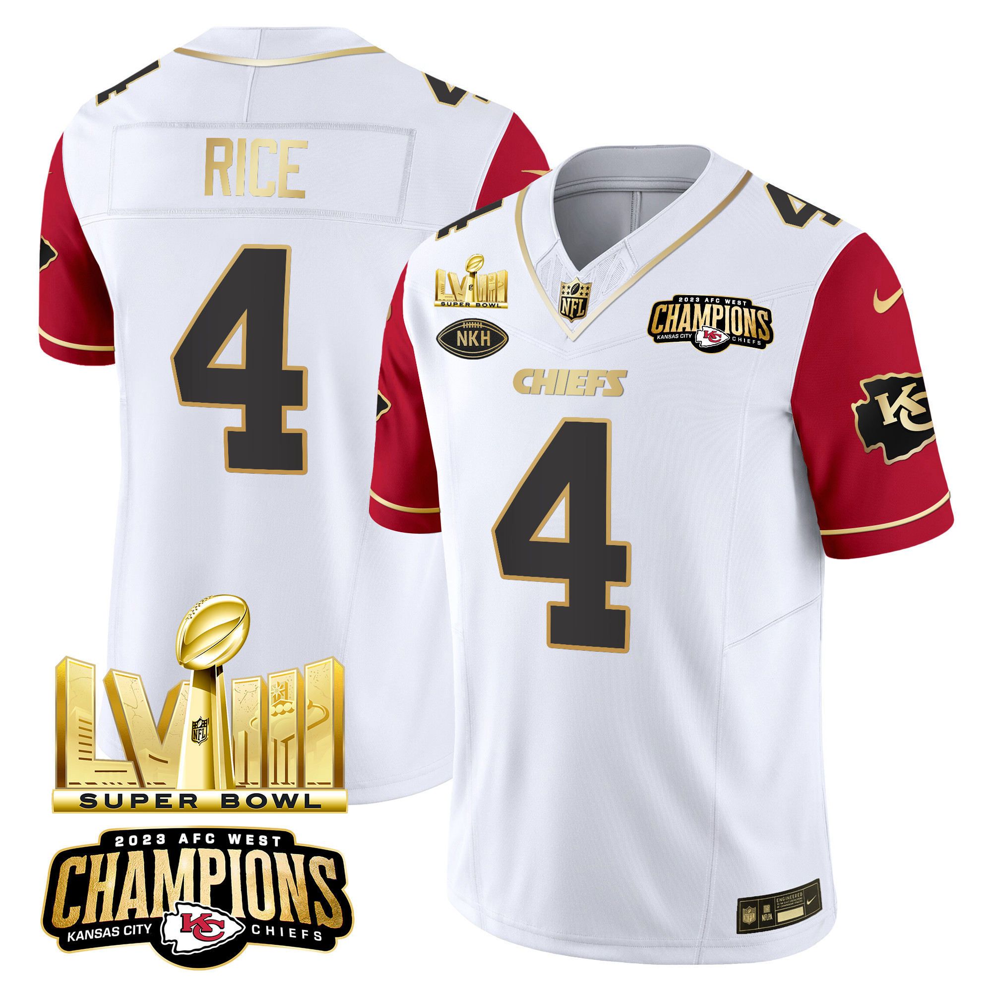 Rashee Rice Men's Kansas City Chiefs AFC West Champions & Super Bowl LVIII Gold Patch Vapor Color Sleeves Jersey - All Stitched