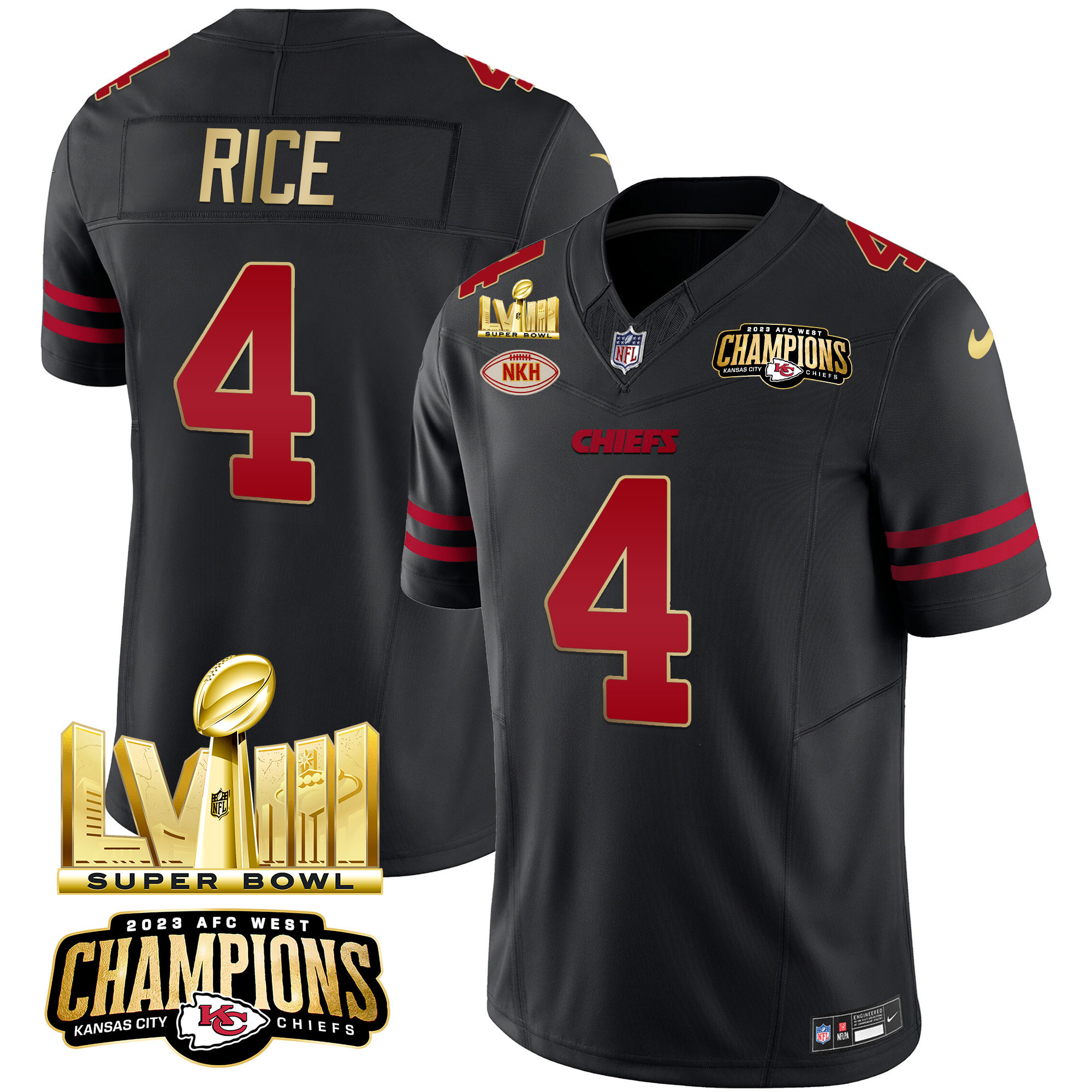 Rashee Rice Men's Kansas City Chiefs AFC West Champions & Super Bowl LVIII Gold Patch Vapor Gold Trim Jersey - All Stitched