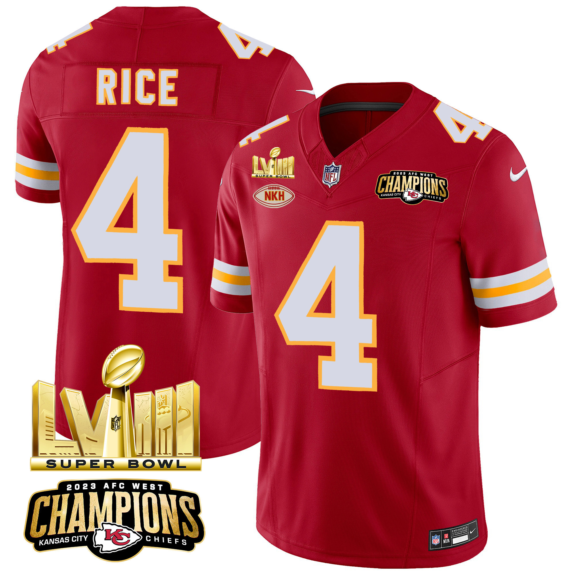 Rashee Rice Men's Kansas City Chiefs AFC West Champions & Super Bowl LVIII Gold Patch Vapor Red Jersey - All Stitched