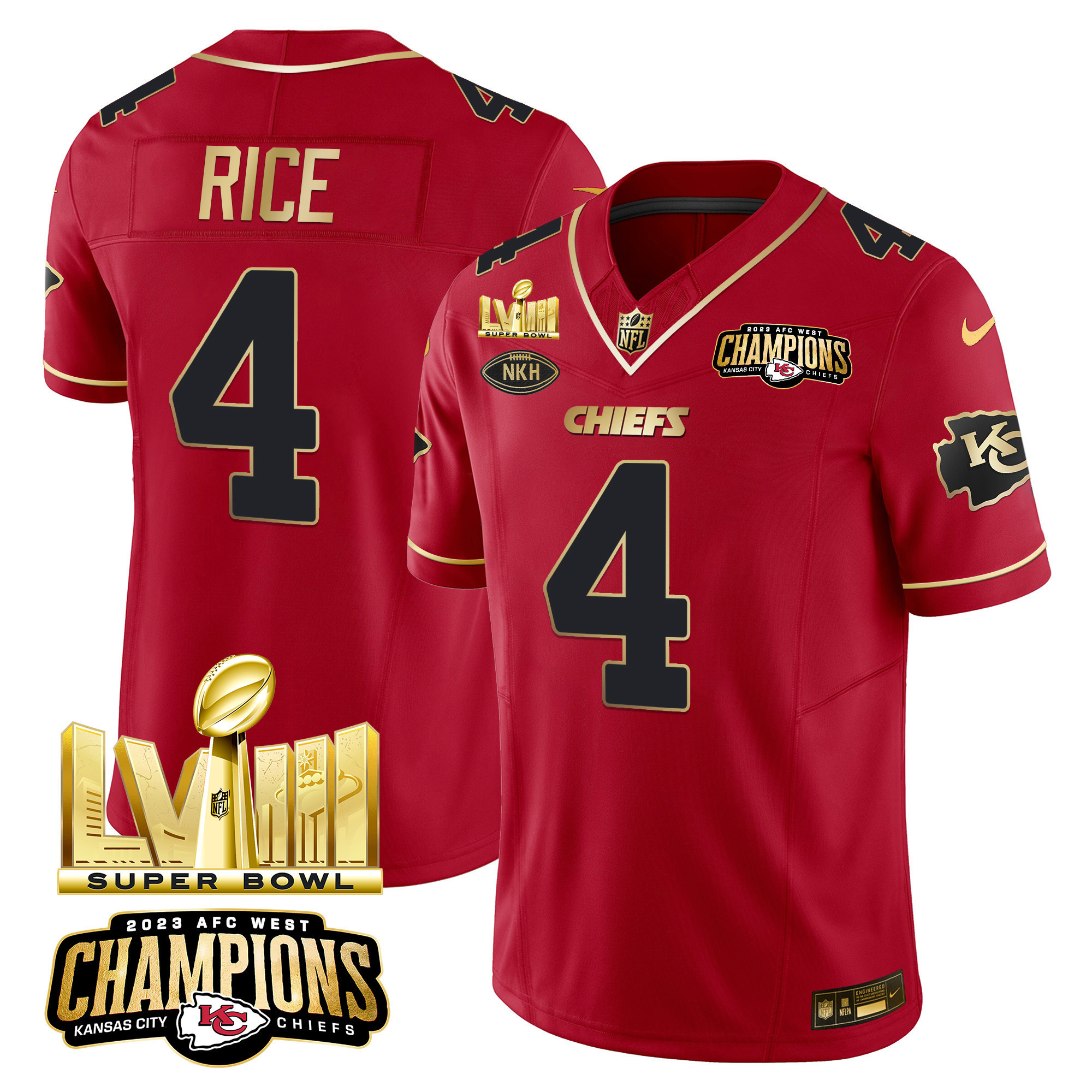 Rashee Rice Men's Kansas City Chiefs AFC West Champions & Super Bowl LVIII Gold Patch Vapor Red Special Jersey - All Stitched
