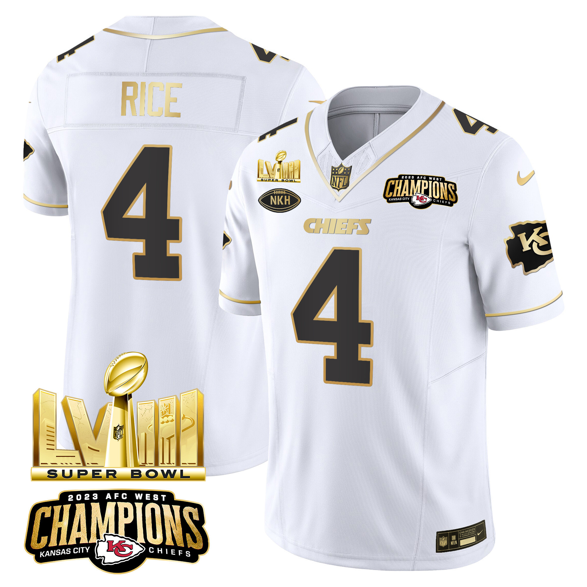 Rashee Rice Men's Kansas City Chiefs AFC West Champions & Super Bowl LVIII Gold Patch Vapor White Gold Jersey - All Stitched