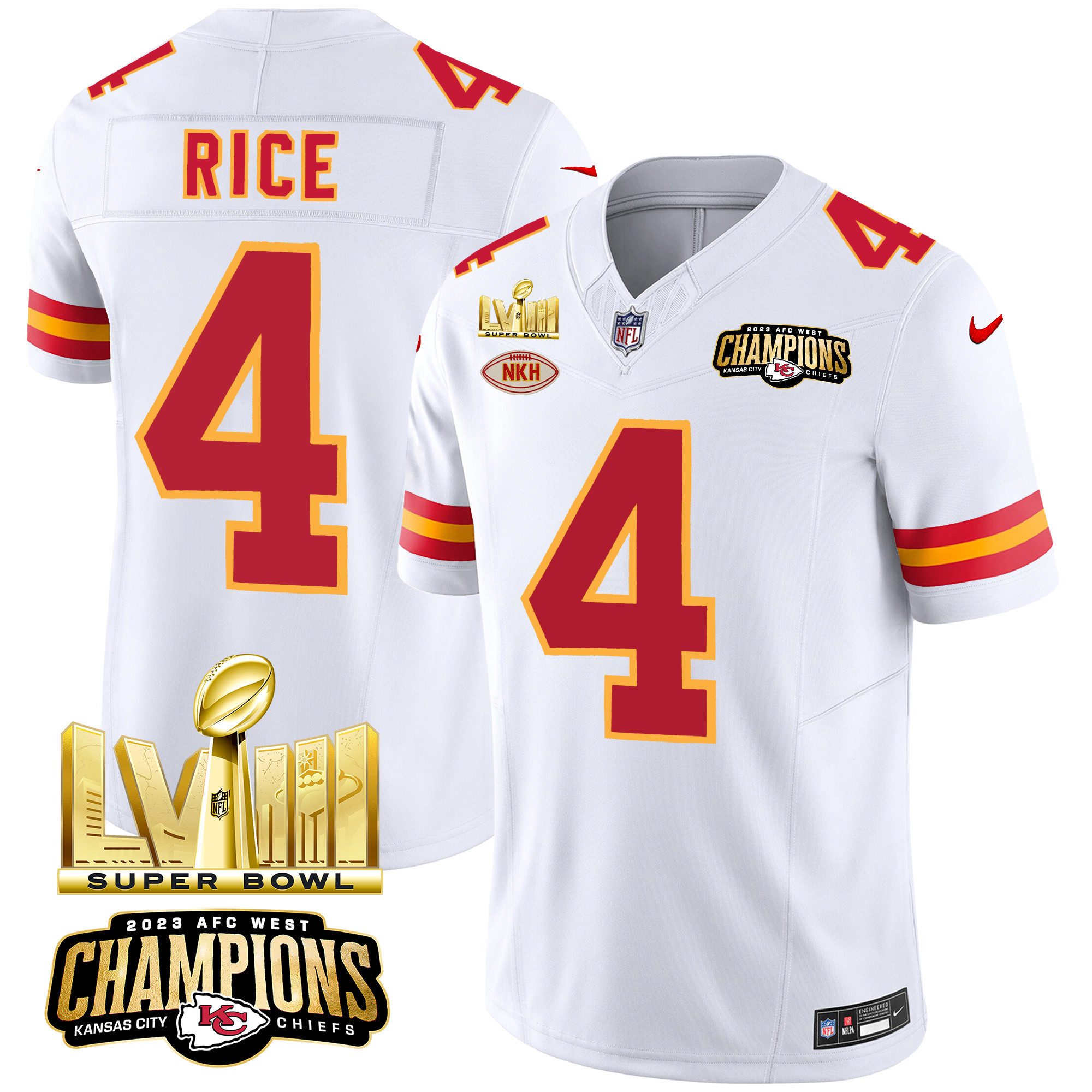 Rashee Rice Men's Kansas City Chiefs AFC West Champions & Super Bowl LVIII Gold Patch Vapor White Jersey - All Stitched