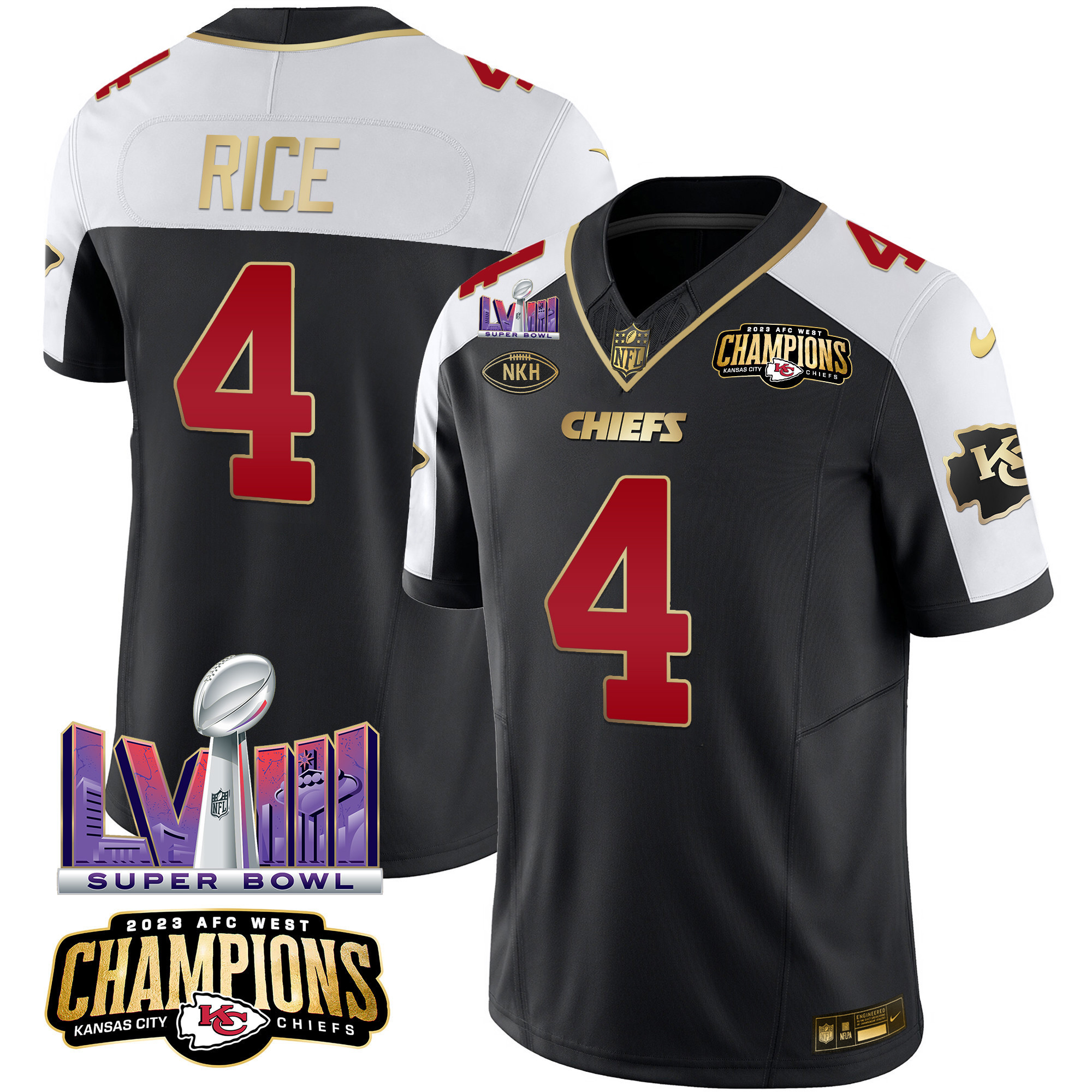Rashee Rice Men's Kansas City Chiefs AFC West Champions & Super Bowl LVIII Patch Vapor Black Alternate Jersey - All Stitched