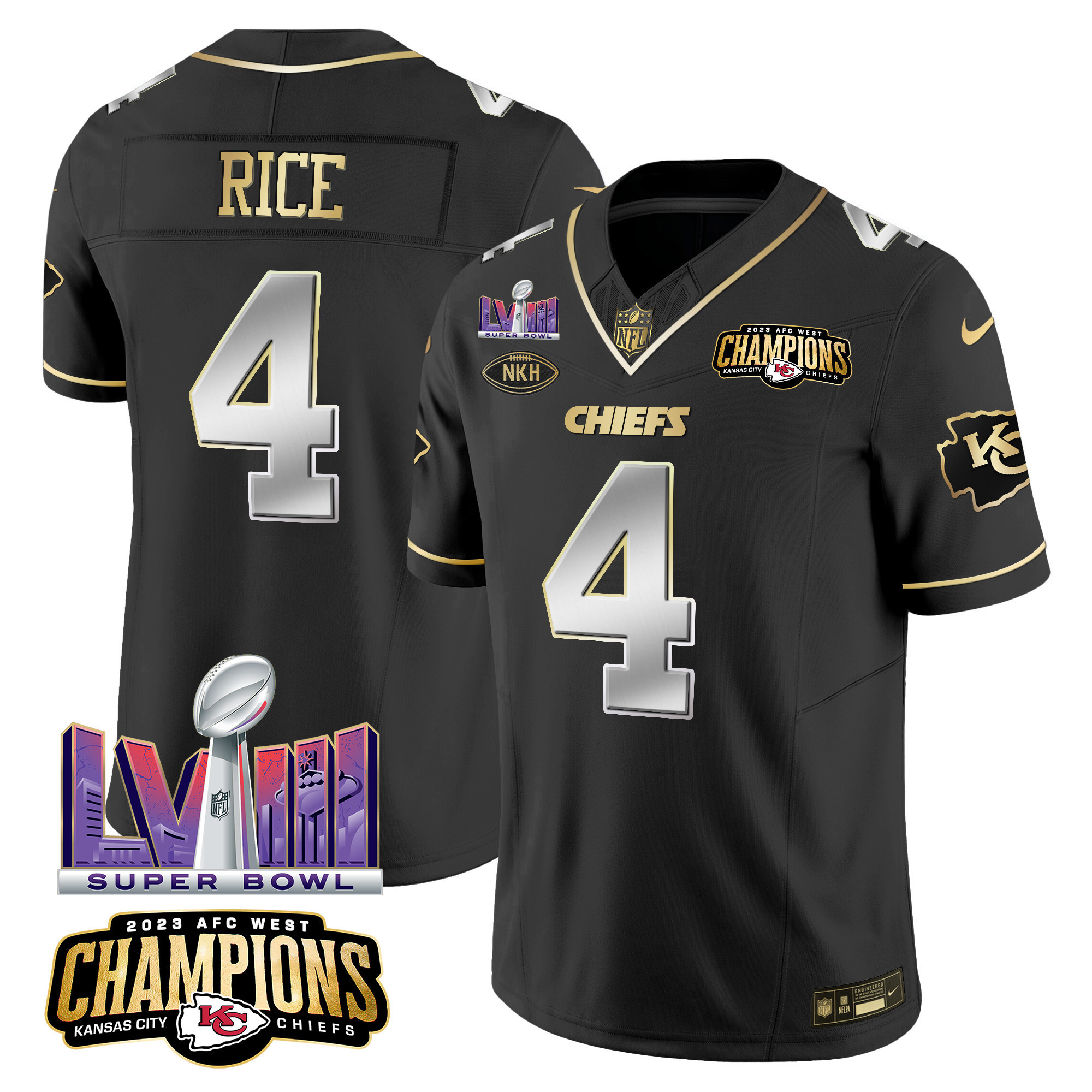 Rashee Rice Men's Kansas City Chiefs AFC West Champions & Super Bowl LVIII Patch Vapor Black Limited Jersey - All Stitched