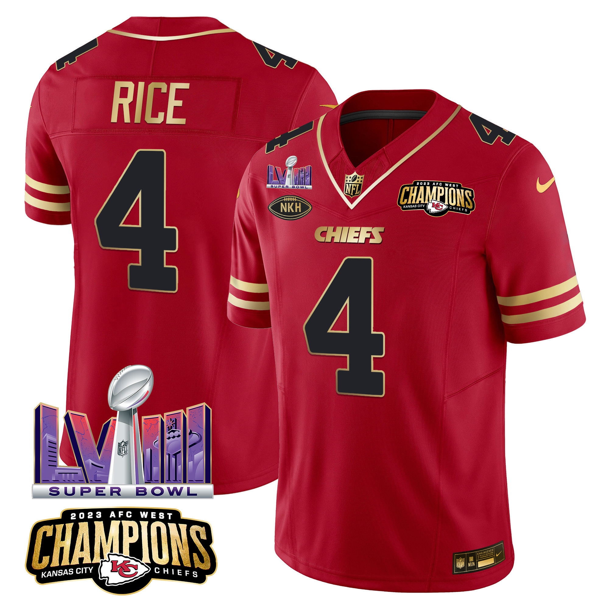 Rashee Rice Men's Kansas City Chiefs AFC West Champions & Super Bowl LVIII Patch Vapor Black Red Jersey - All Stitched