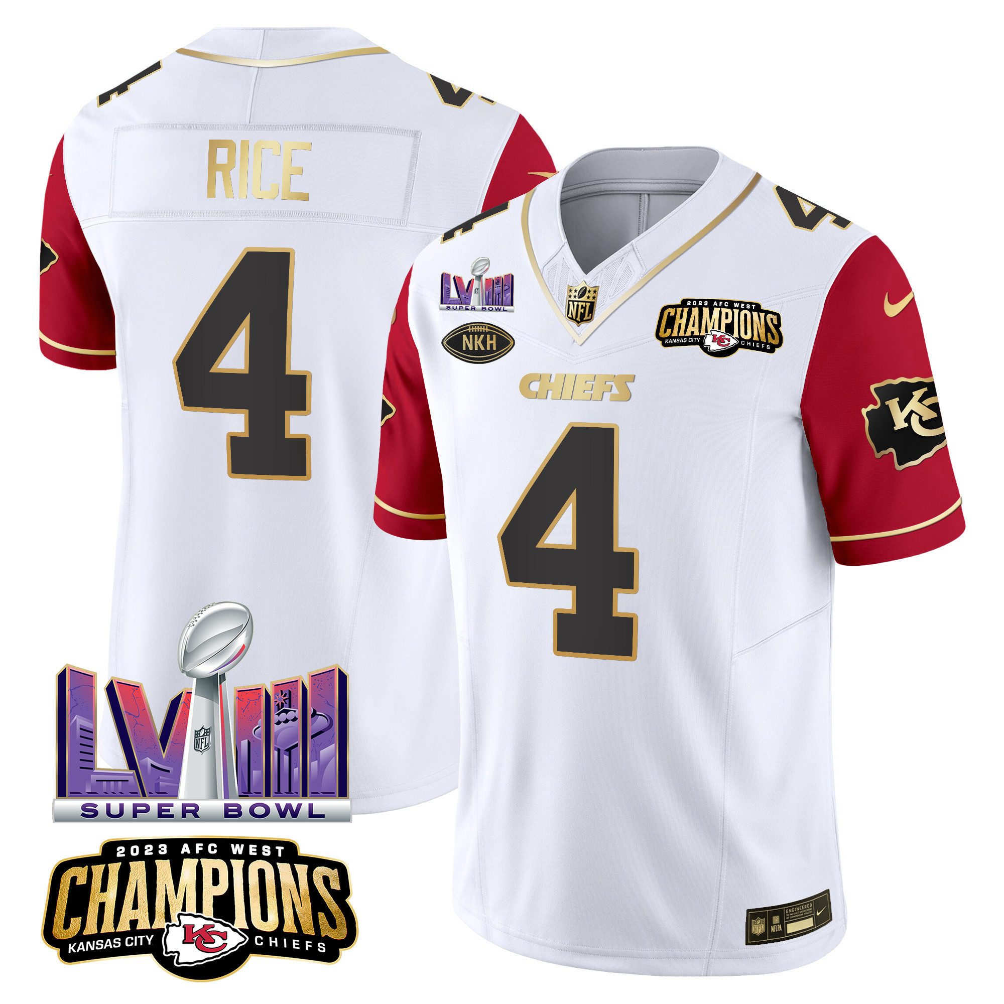 Rashee Rice Men's Kansas City Chiefs AFC West Champions & Super Bowl LVIII Patch Vapor Color Sleeves Jersey - All Stitched