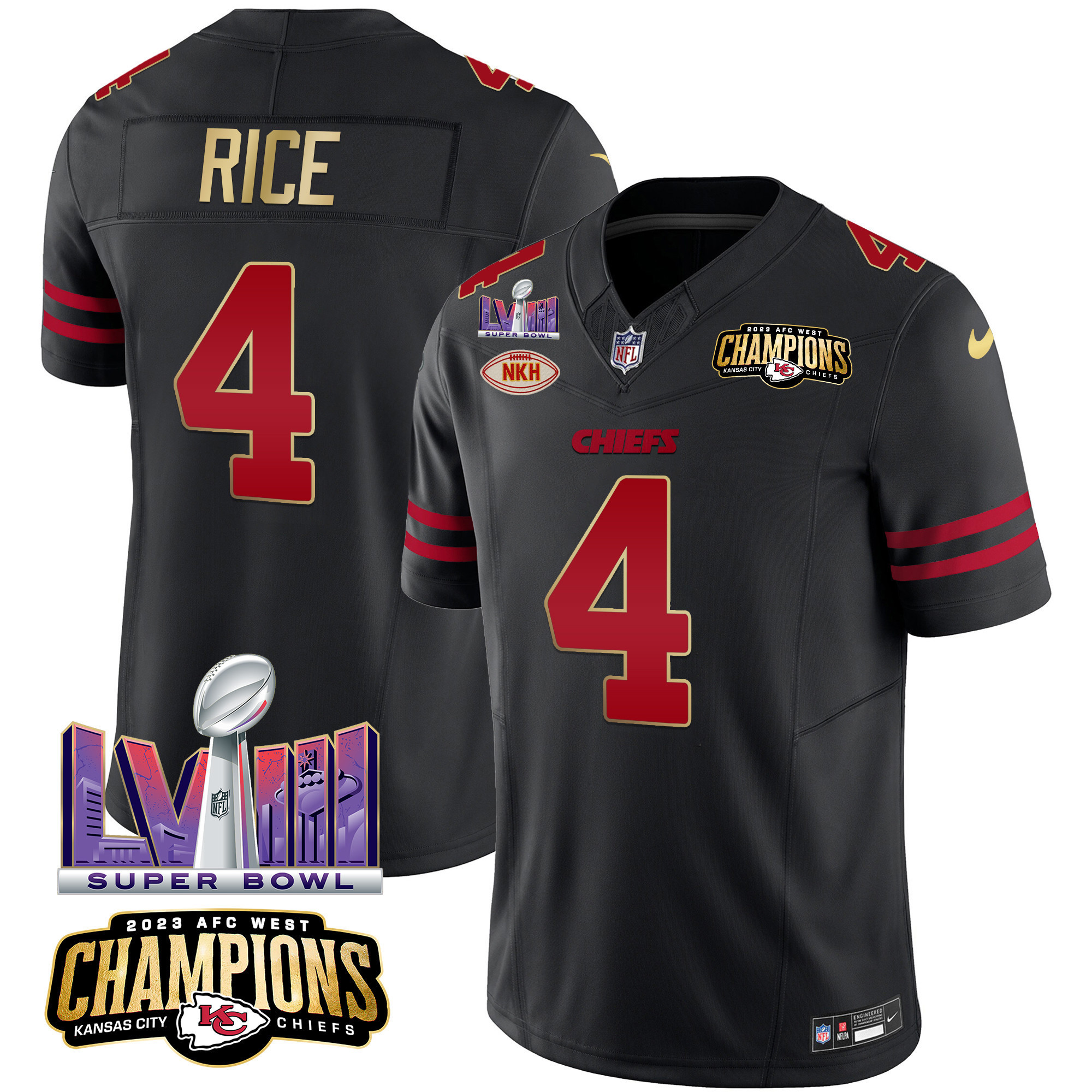 Rashee Rice Men's Kansas City Chiefs AFC West Champions & Super Bowl LVIII Patch Vapor Gold Trim Jersey - All Stitched