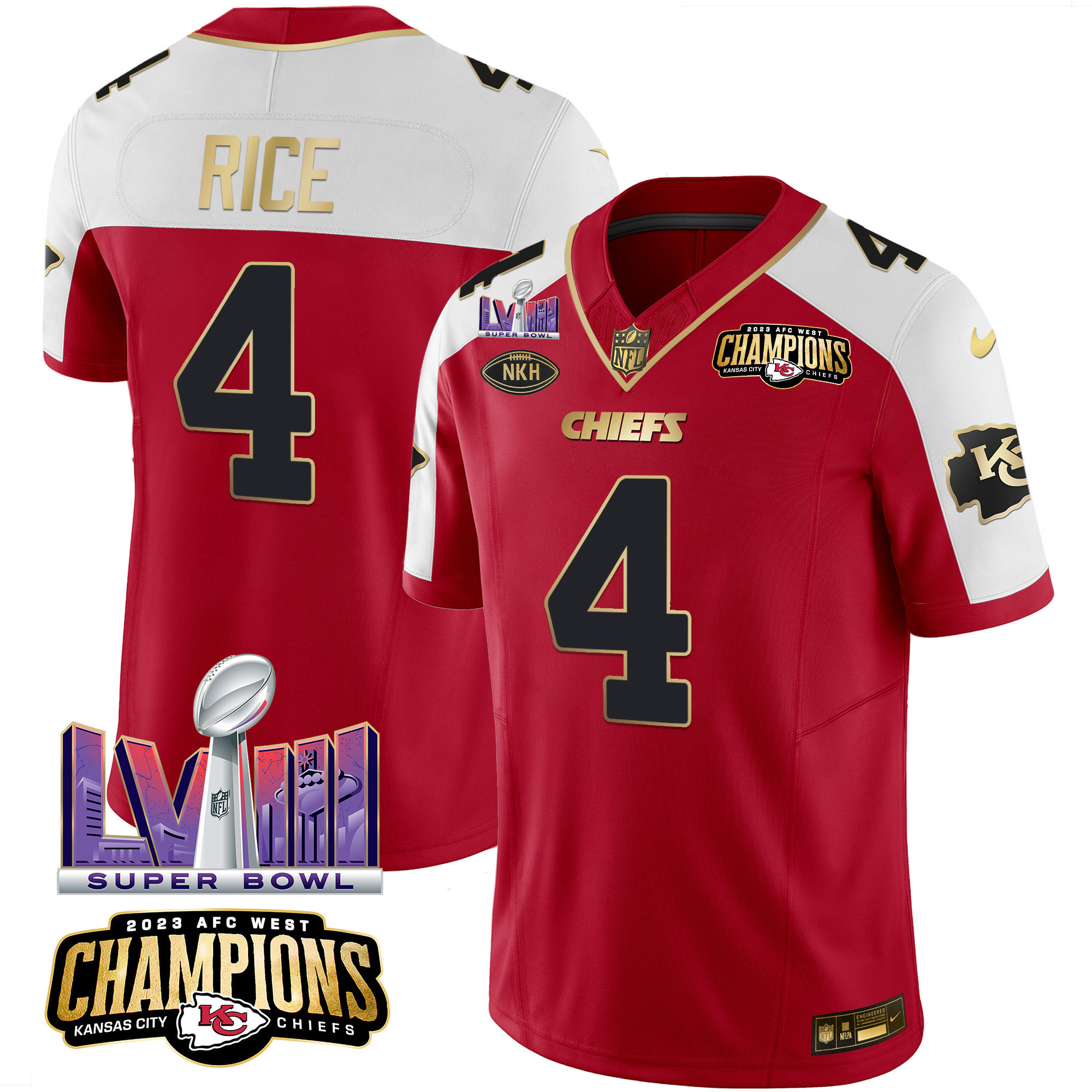 Rashee Rice Men's Kansas City Chiefs AFC West Champions & Super Bowl LVIII Patch Vapor Red Alternate Jersey - All Stitched