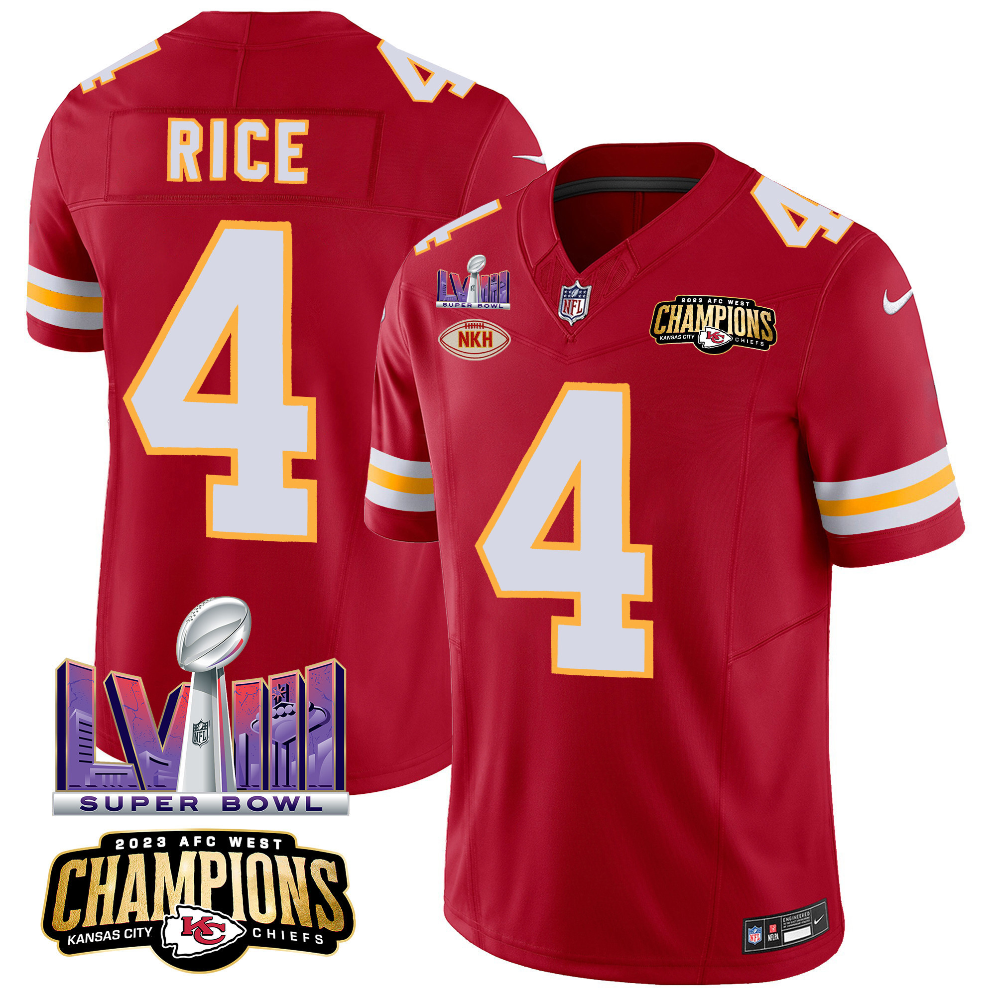 Rashee Rice Men's Kansas City Chiefs AFC West Champions & Super Bowl LVIII Patch Vapor Red Jersey - All Stitched