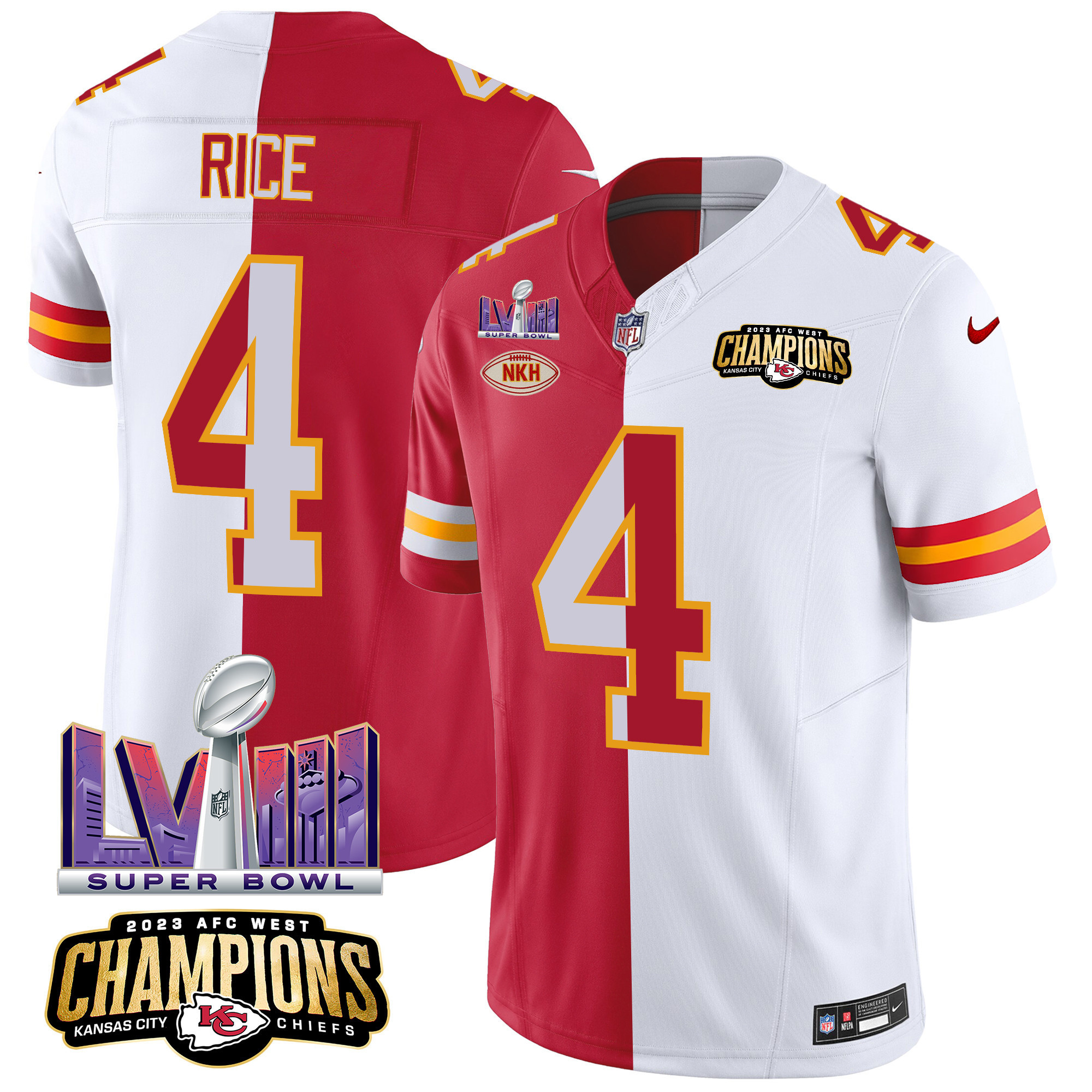 Rashee Rice Men's Kansas City Chiefs AFC West Champions & Super Bowl LVIII Patch Vapor Split Jersey - All Stitched