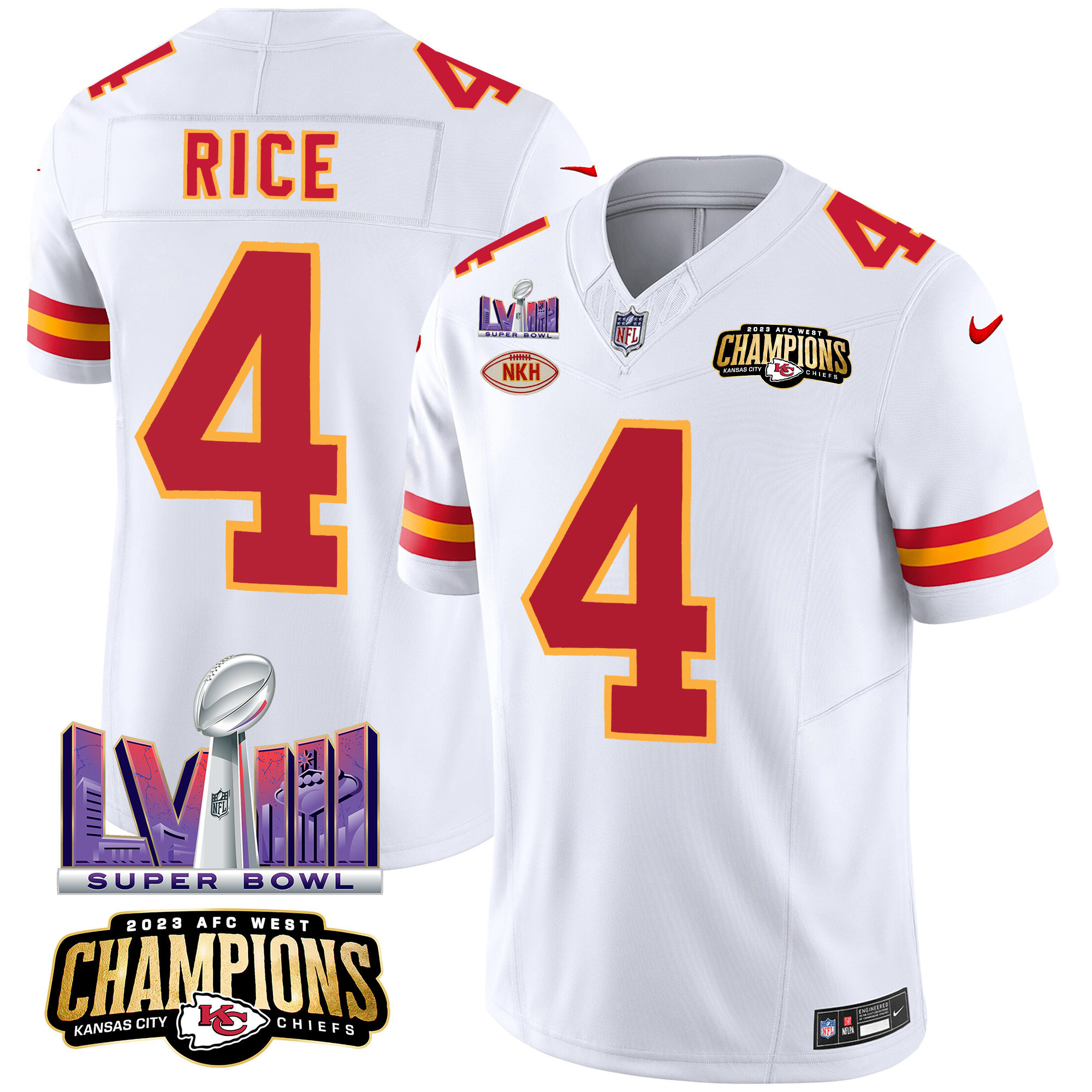 Rashee Rice Men's Kansas City Chiefs AFC West Champions & Super Bowl LVIII Patch Vapor White Jersey - All Stitched