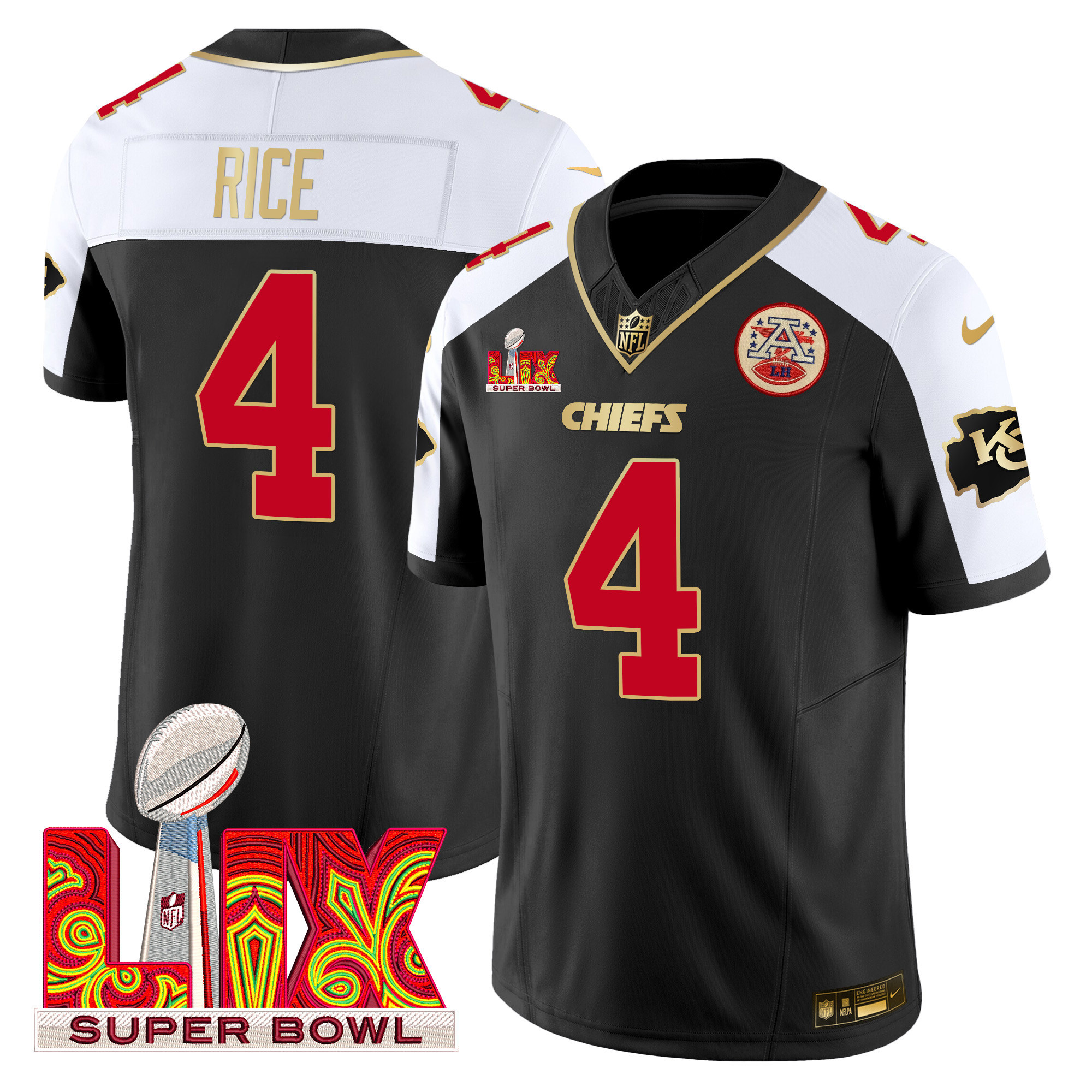 Rashee Rice Men's Kansas City Chiefs Super Bowl LIX Patch Gold Trim Vapor Limited Black Alternate Jersey - All Stitched