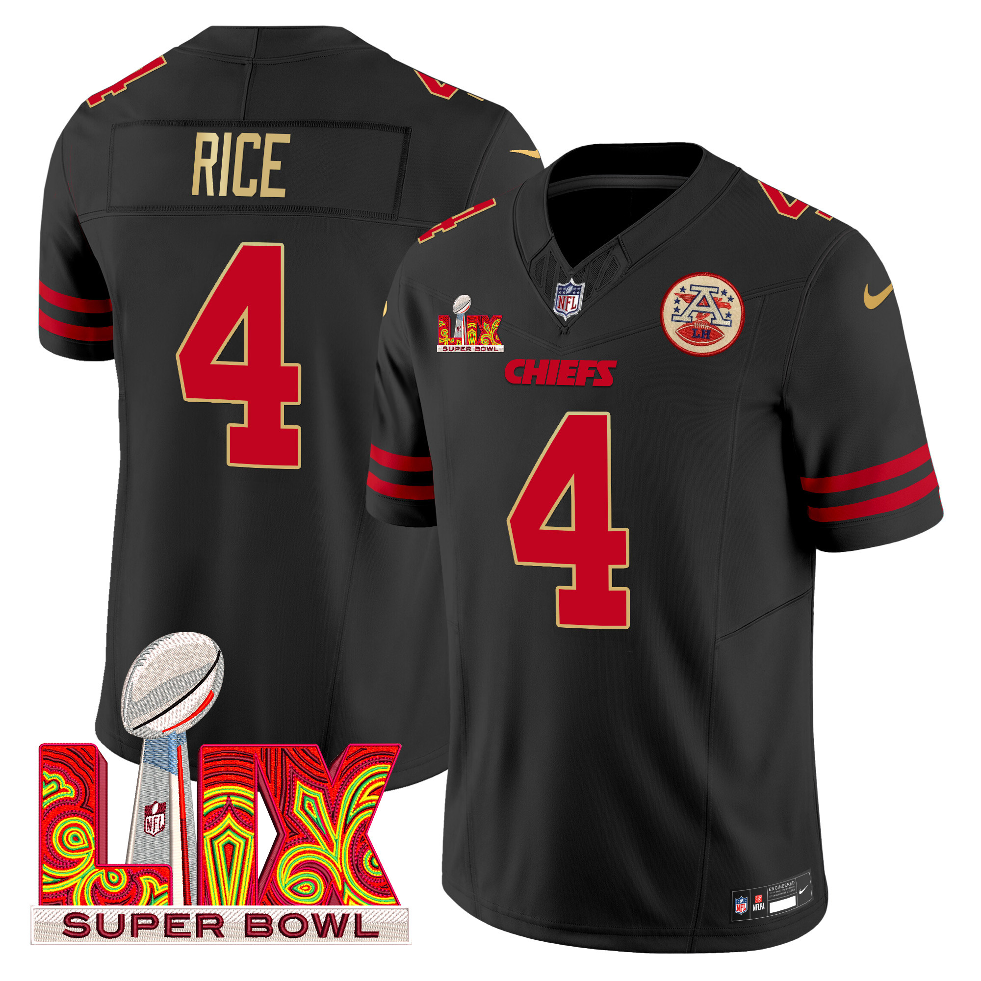 Rashee Rice Men's Kansas City Chiefs Super Bowl LIX Patch Gold Trim Vapor Limited Black Jersey - All Stitched