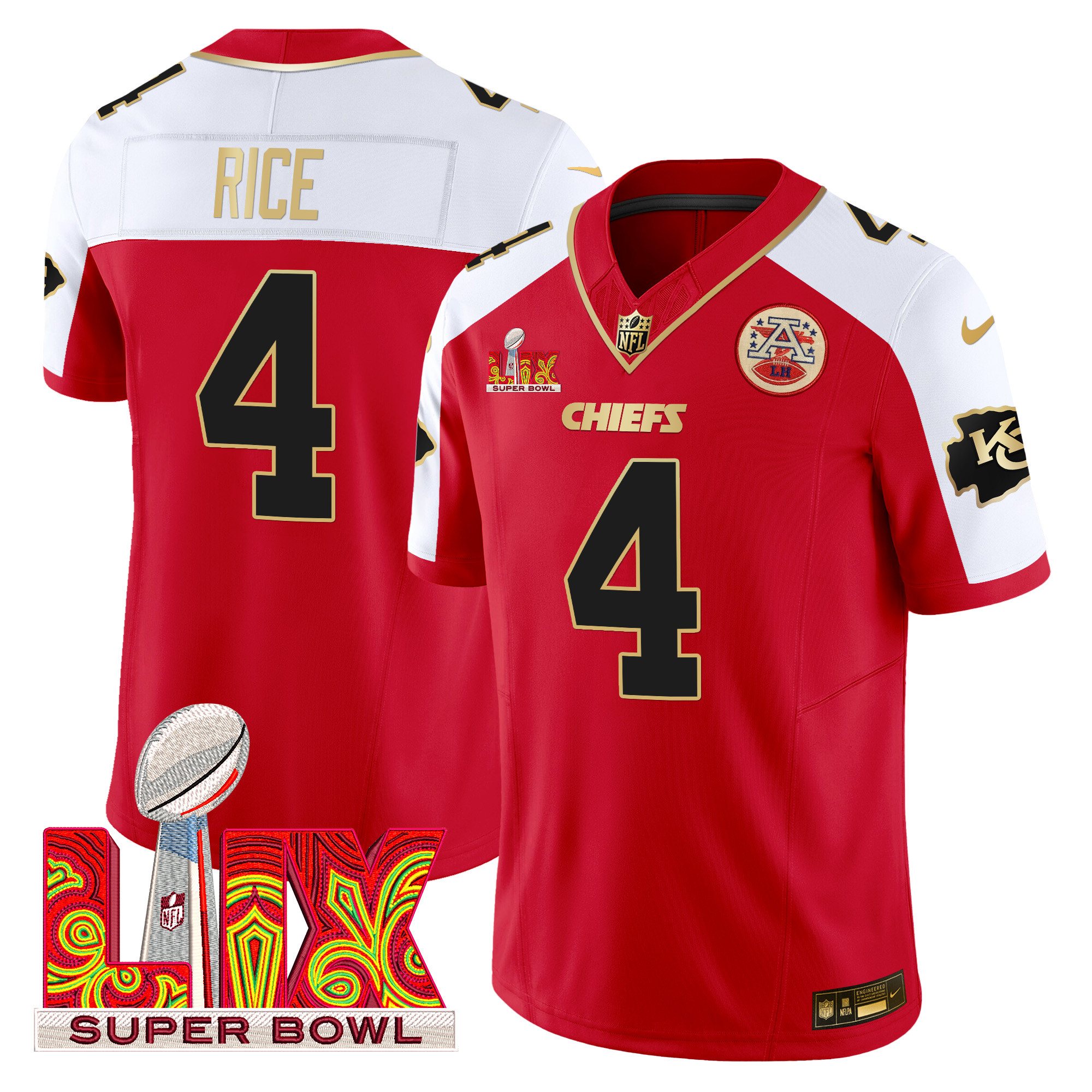 Rashee Rice Men's Kansas City Chiefs Super Bowl LIX Patch Gold Trim Vapor Limited Red Alternate Jersey - All Stitched