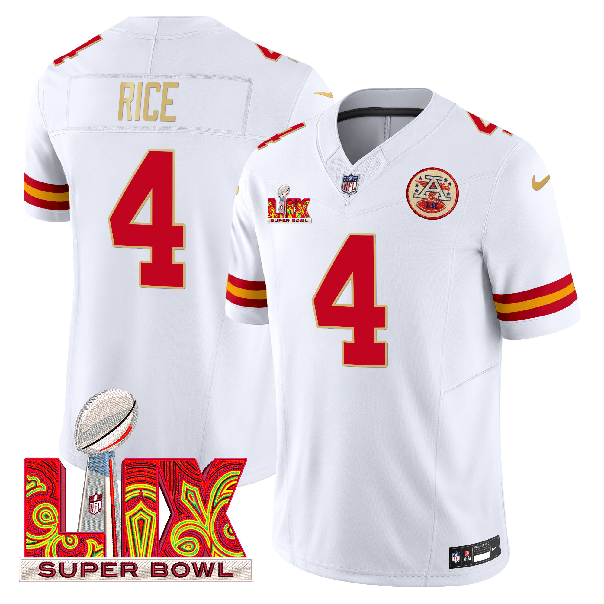 Rashee Rice Men's Kansas City Chiefs Super Bowl LIX Patch Gold Trim Vapor Limited White Jersey - All Stitched