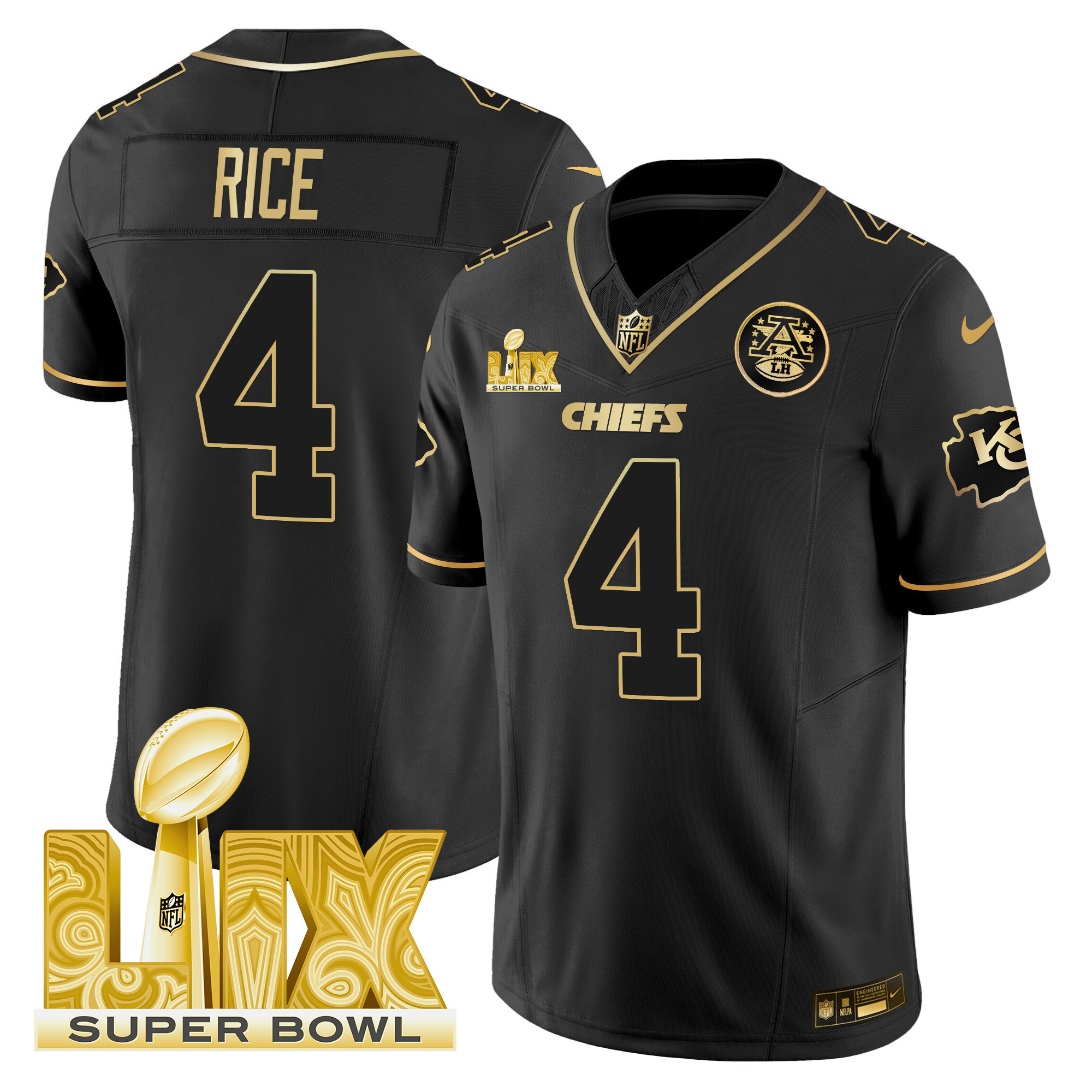 Rashee Rice Men's Kansas City Chiefs Super Bowl LIX Patch Gold Vapor Limited Black Gold Jersey - All Stitched