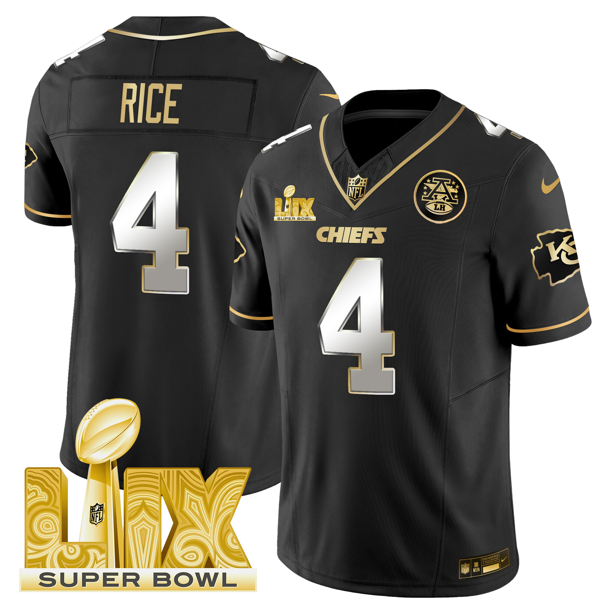 Rashee Rice Men's Kansas City Chiefs Super Bowl LIX Patch Gold Vapor Limited Black Limited Jersey - All Stitched
