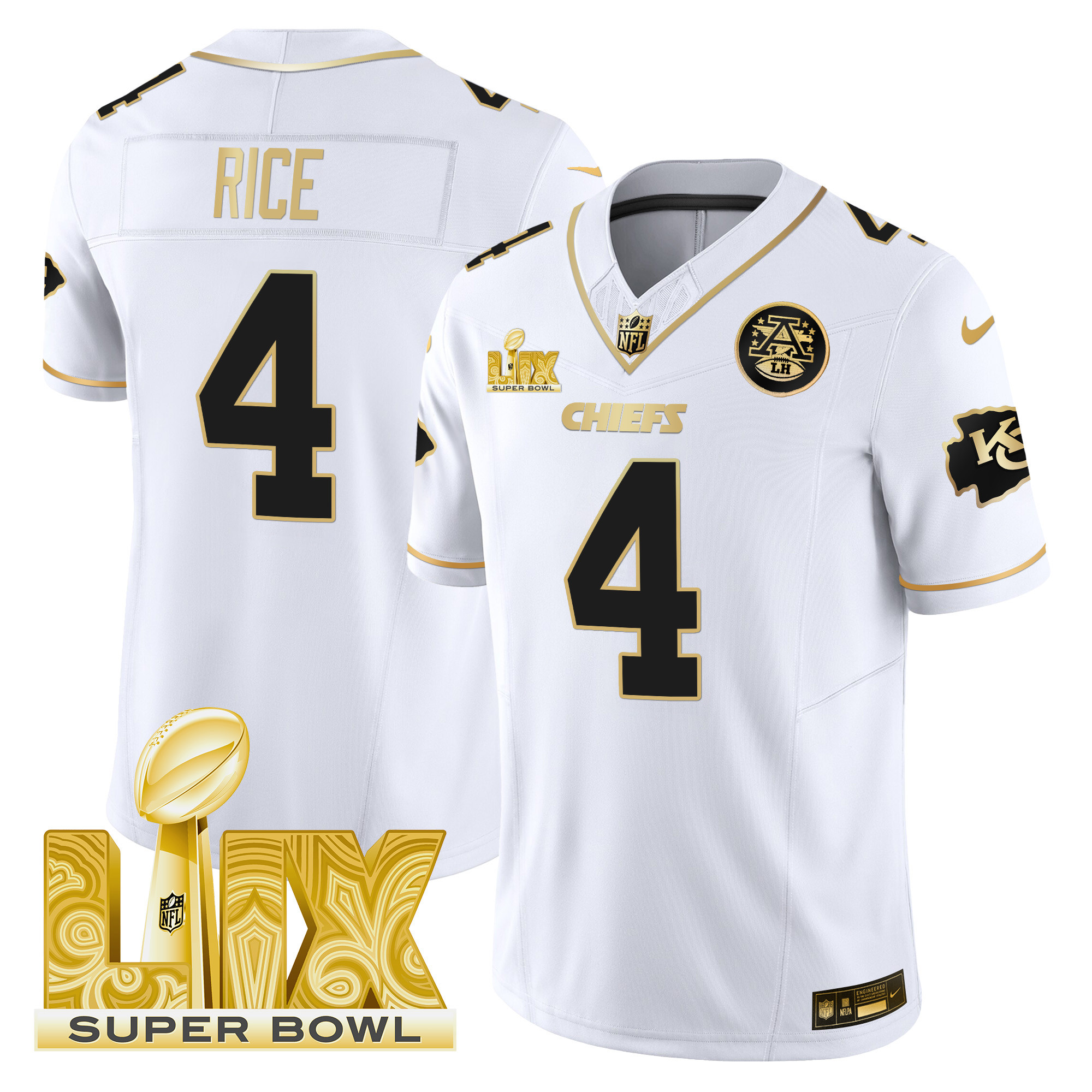 Rashee Rice Men's Kansas City Chiefs Super Bowl LIX Patch Gold Vapor Limited White Gold Jersey - All Stitched