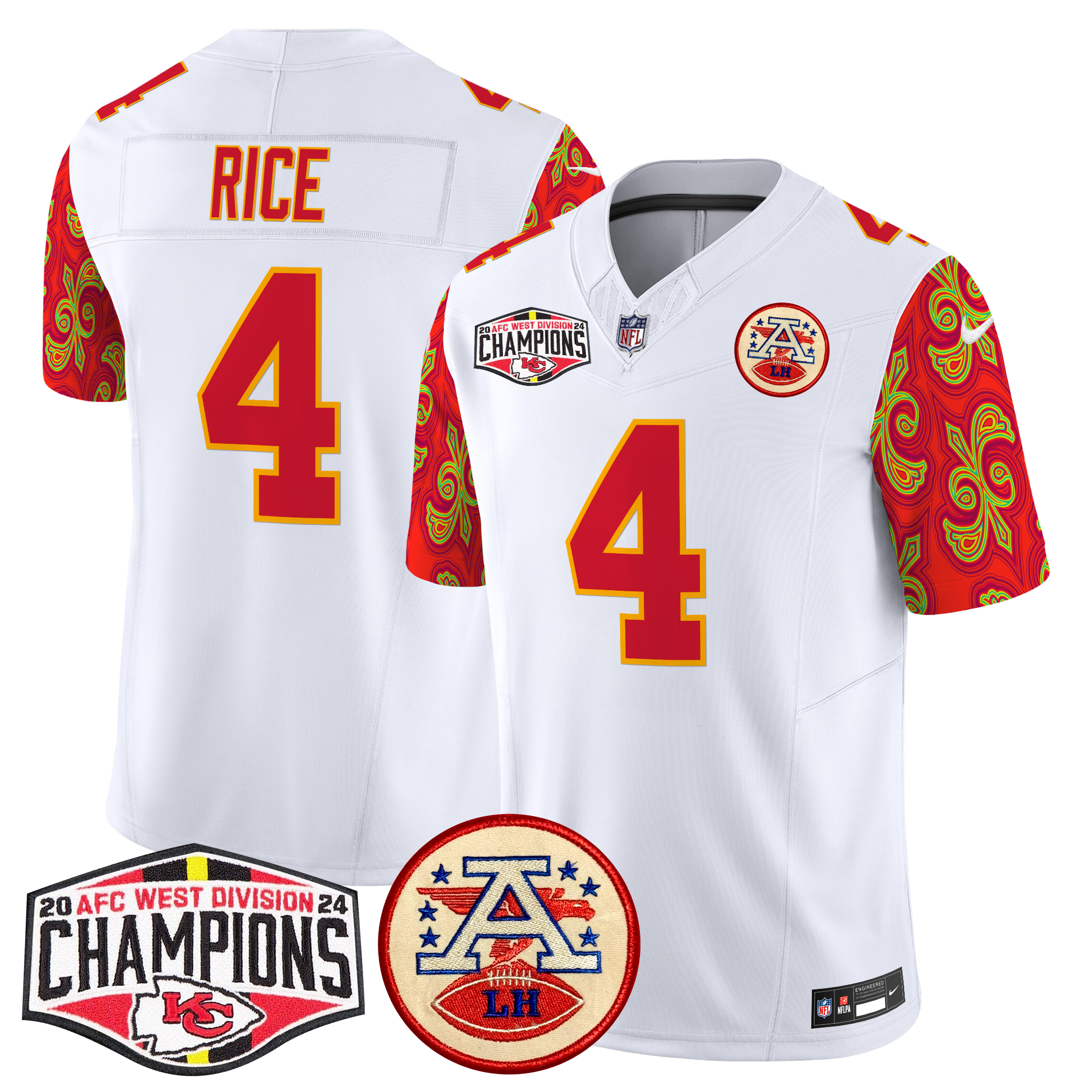 Rashee Rice Men's Kansas City Chiefs Super Bowl LIX Style 2024 AFC West Division Champions Patch Vapor Limited White Jersey - All Stitched