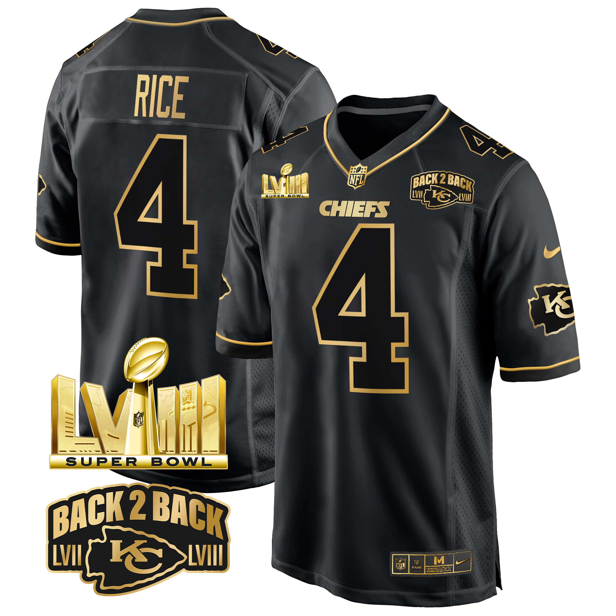 Rashee Rice Men's Kansas City Chiefs Super Bowl LVIII & Back 2 Back Gold Game Black Gold Jersey - All Stitched