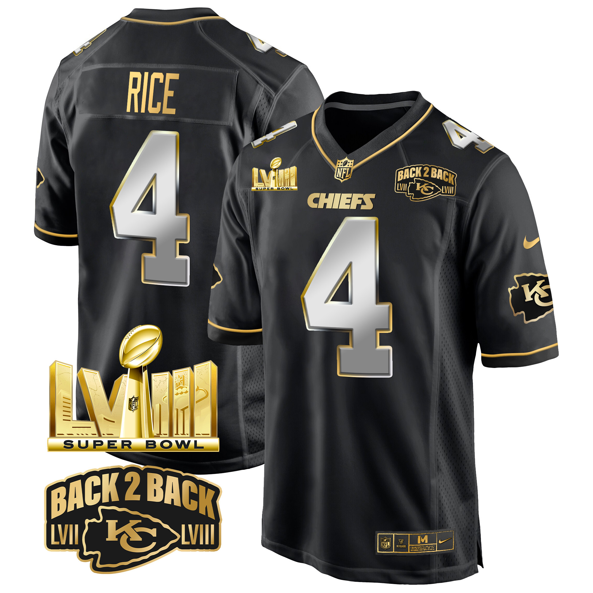 Rashee Rice Men's Kansas City Chiefs Super Bowl LVIII & Back 2 Back Gold Game Black Limited Jersey - All Stitched