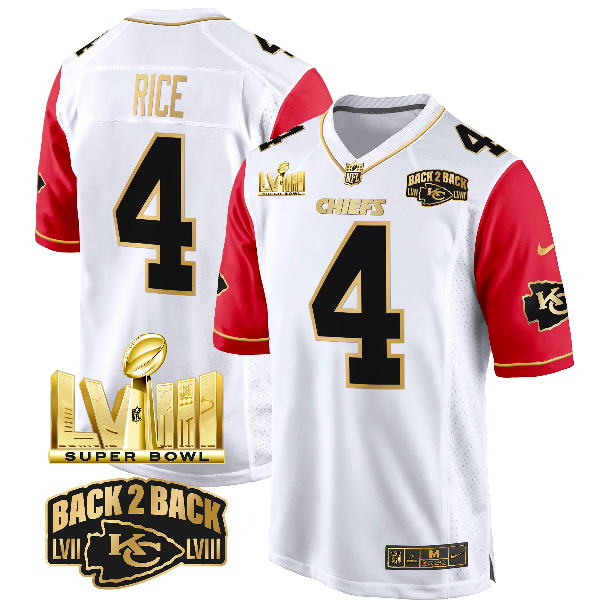 Rashee Rice Men's Kansas City Chiefs Super Bowl LVIII & Back 2 Back Gold Game Color Sleeves Jersey - All Stitched