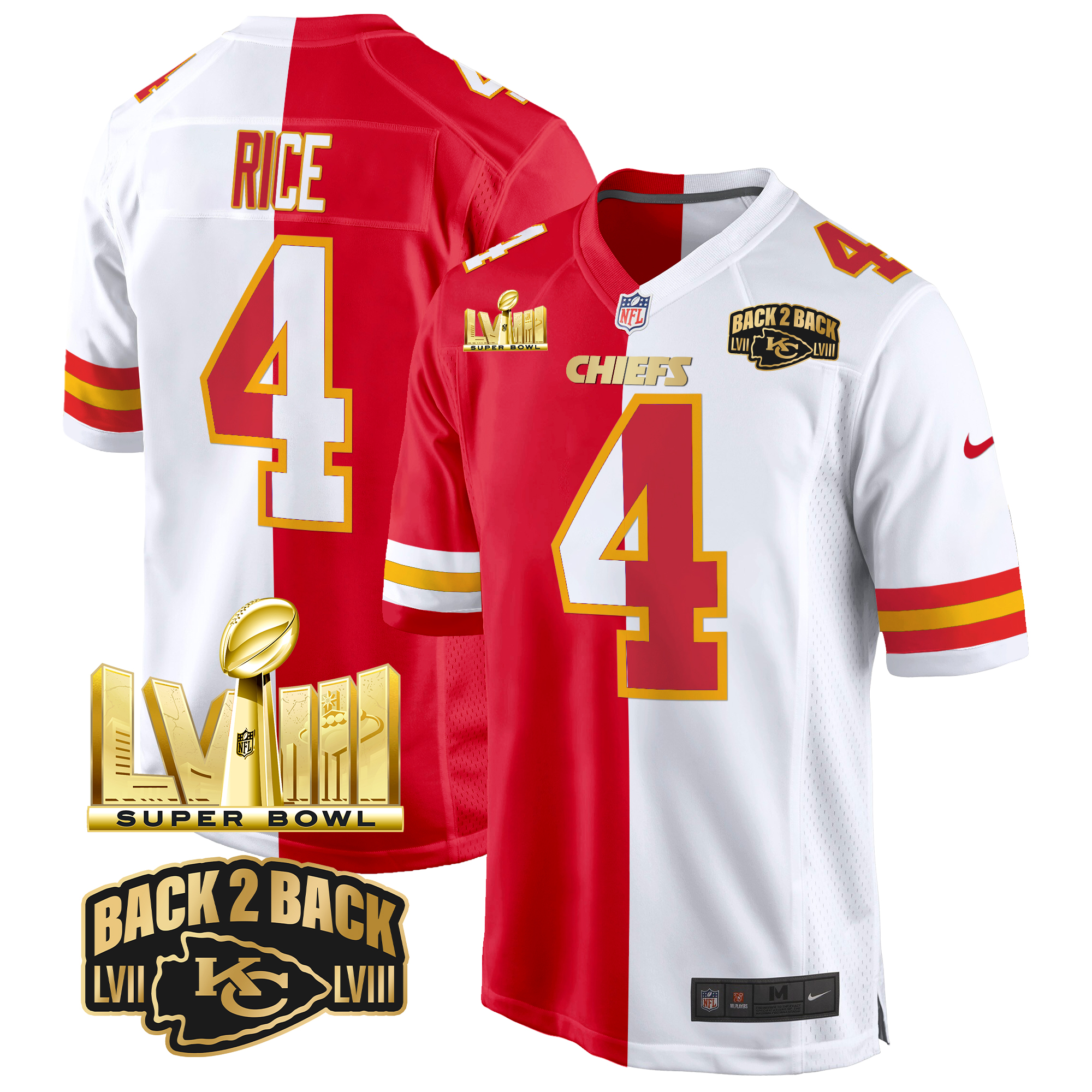 Rashee Rice Men's Kansas City Chiefs Super Bowl LVIII & Back 2 Back Gold Game Split Jersey - All Stitched