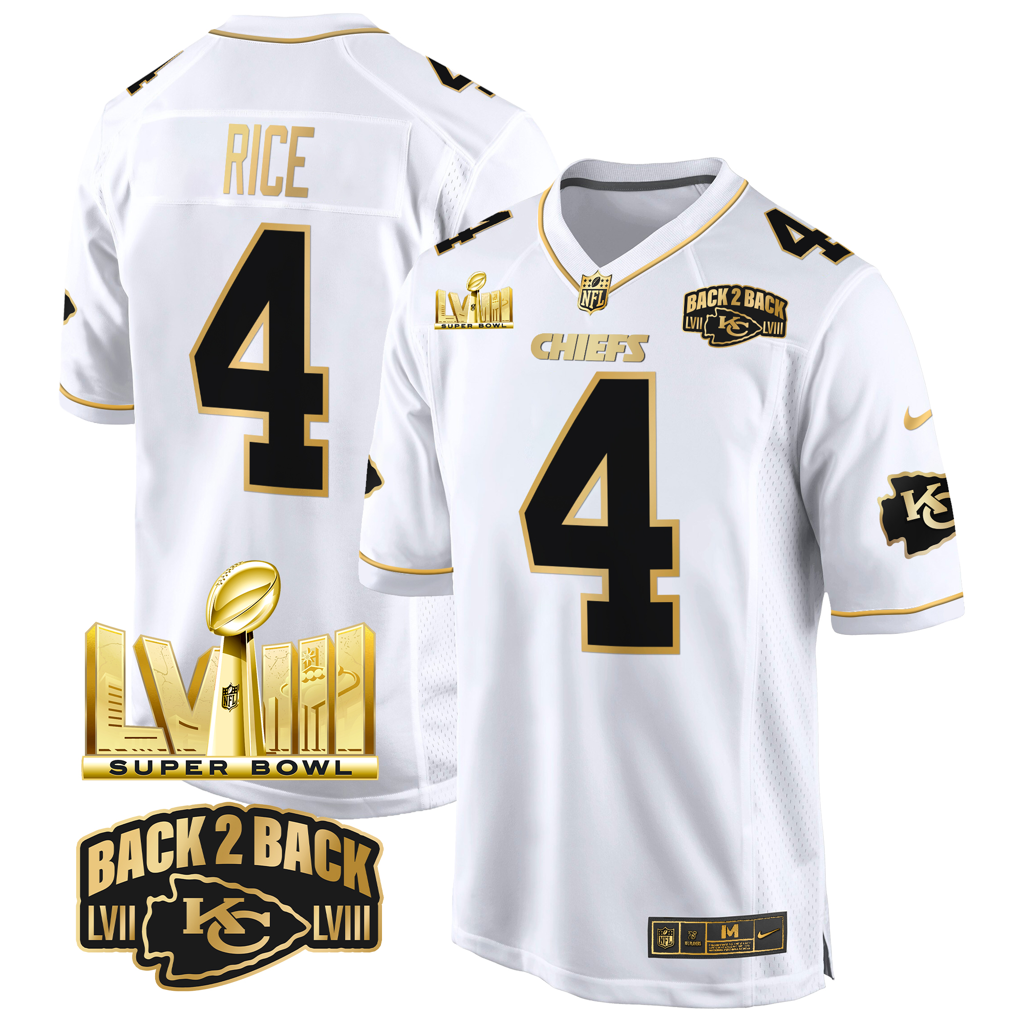 Rashee Rice Men's Kansas City Chiefs Super Bowl LVIII & Back 2 Back Gold Game White Gold Jersey - All Stitched