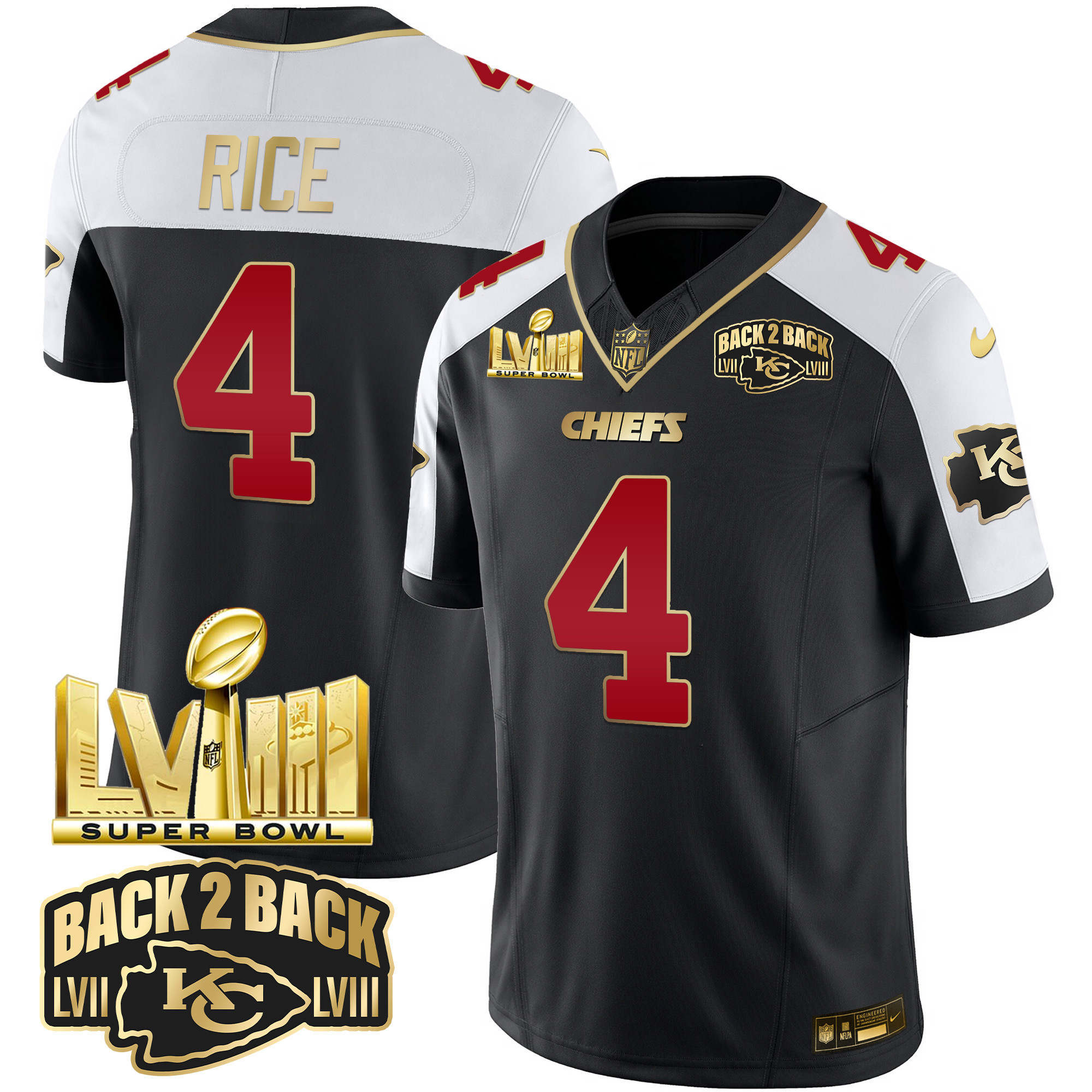 Rashee Rice Men's Kansas City Chiefs Super Bowl LVIII & Back 2 Back Gold Patch Vapor Black Alternate Jersey - All Stitched