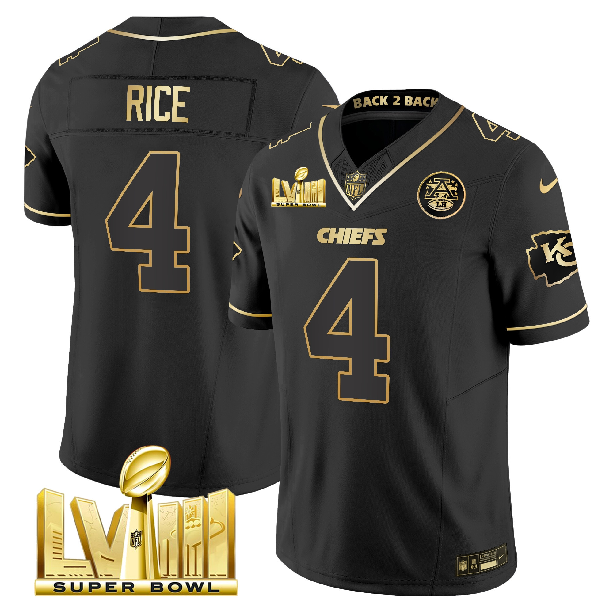 Rashee Rice Men's Kansas City Chiefs Super Bowl LVIII & Back 2 Back Gold Patch Vapor Black Gold Jersey - All Stitched