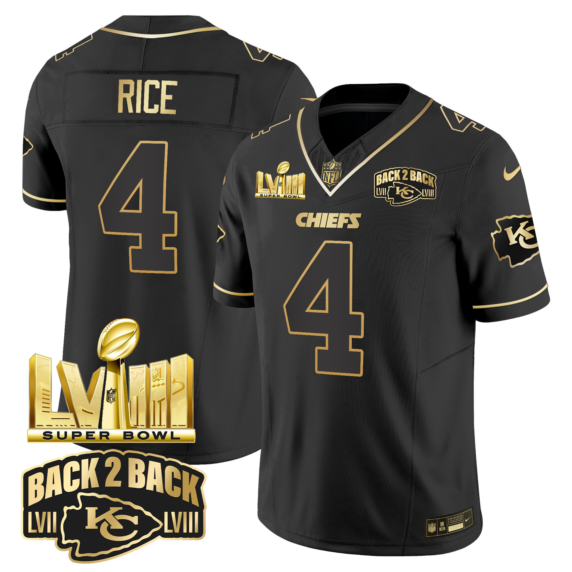 Rashee Rice Men's Kansas City Chiefs Super Bowl LVIII & Back 2 Back Gold Patch Vapor Black Gold Jersey - All Stitched