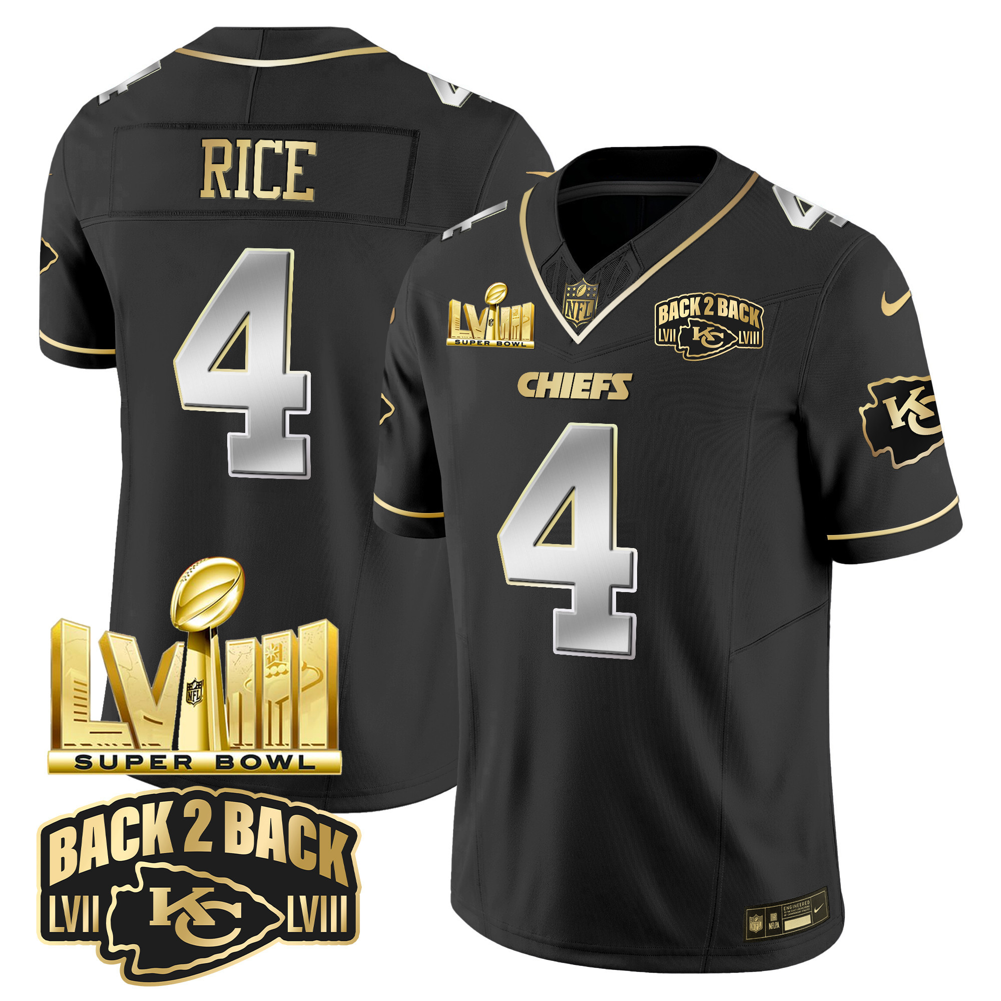 Rashee Rice Men's Kansas City Chiefs Super Bowl LVIII & Back 2 Back Gold Patch Vapor Black Limited Jersey - All Stitched