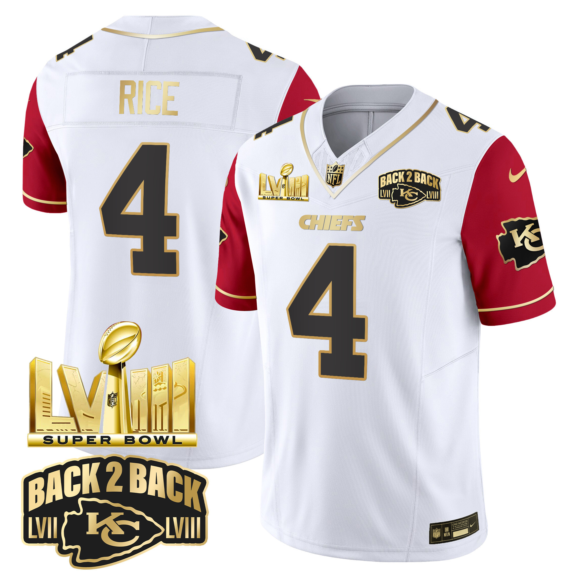 Rashee Rice Men's Kansas City Chiefs Super Bowl LVIII & Back 2 Back Gold Patch Vapor Color Sleeves Jersey - All Stitched