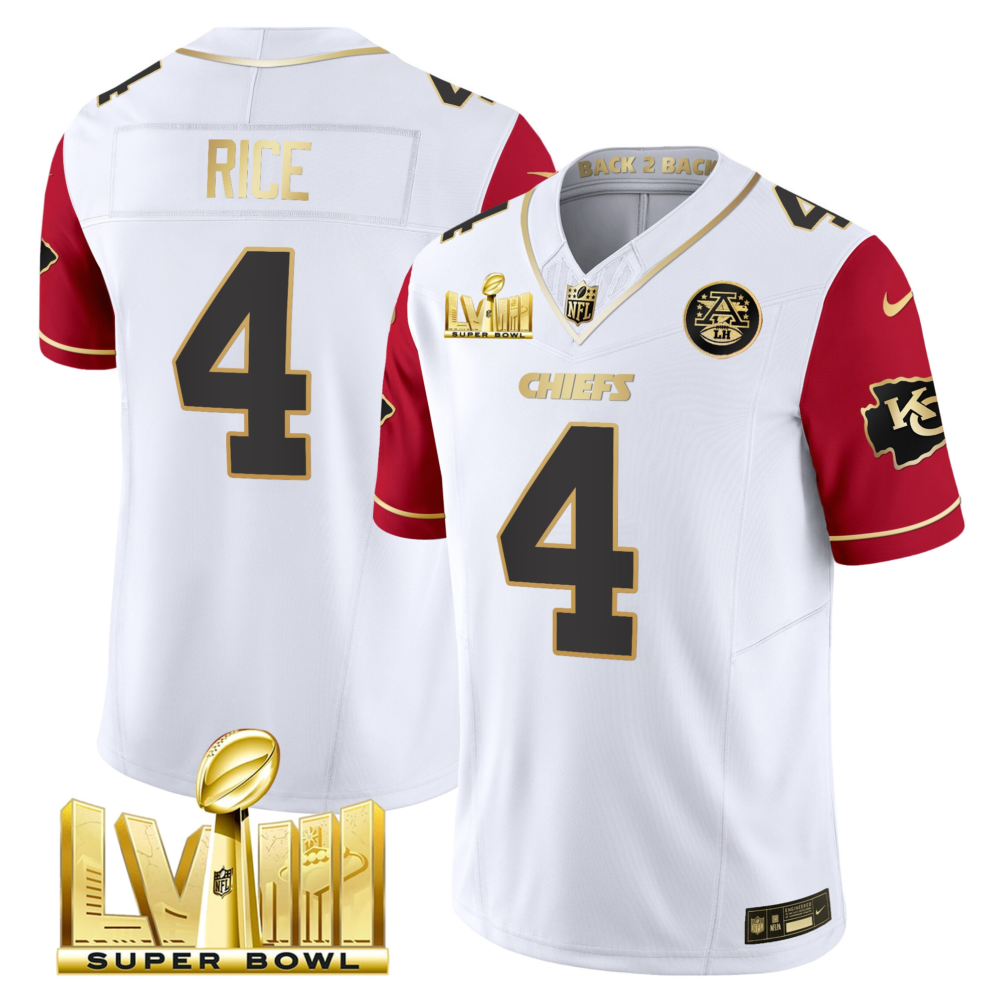 Rashee Rice Men's Kansas City Chiefs Super Bowl LVIII & Back 2 Back Gold Patch Vapor Color Sleeves Jersey - All Stitched