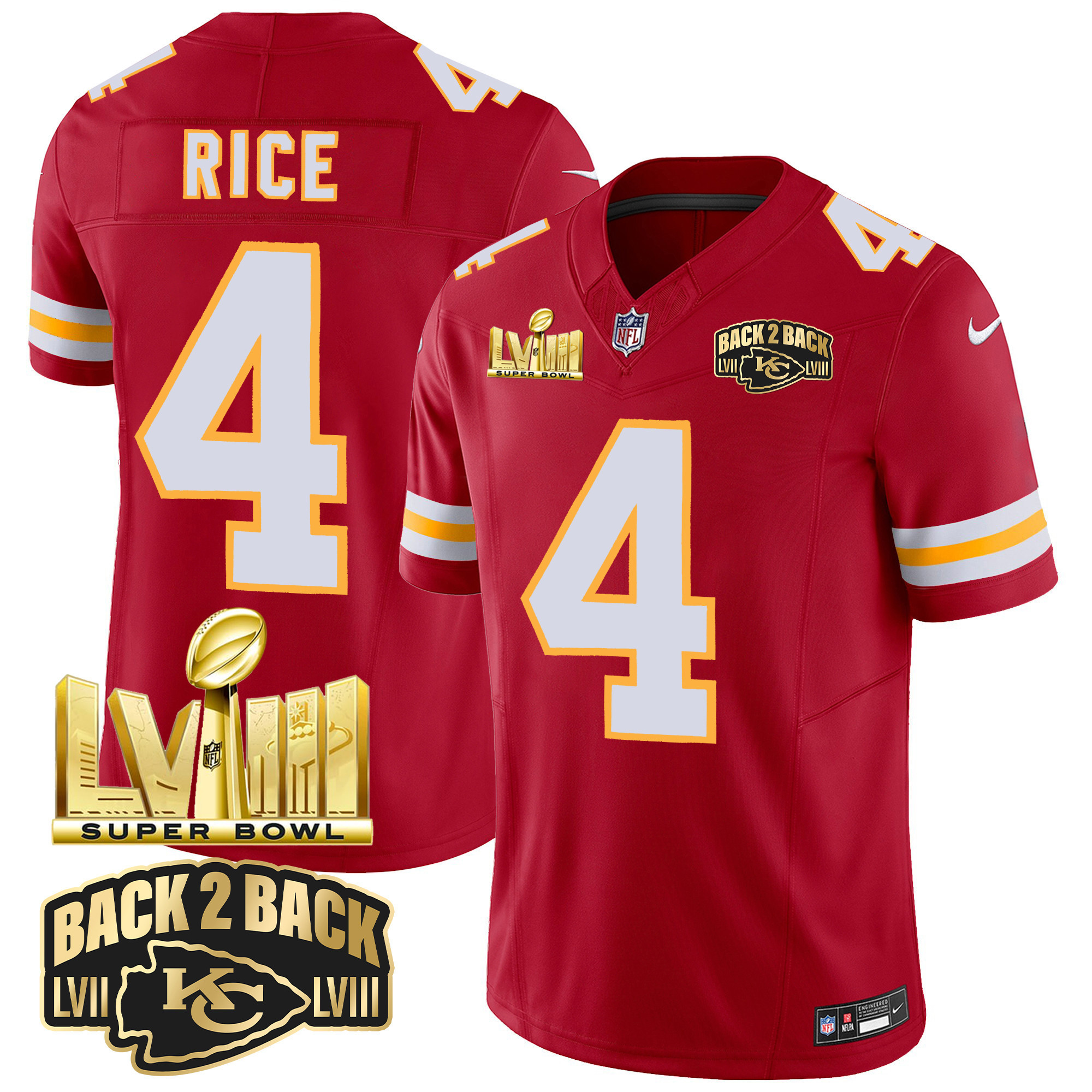 Rashee Rice Men's Kansas City Chiefs Super Bowl LVIII & Back 2 Back Gold Patch Vapor Red Jersey - All Stitched