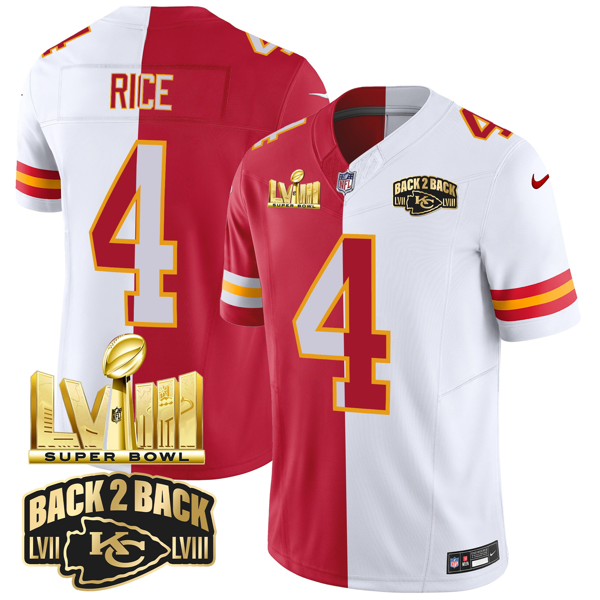 Rashee Rice Men's Kansas City Chiefs Super Bowl LVIII & Back 2 Back Gold Patch Vapor Split Jersey - All Stitched